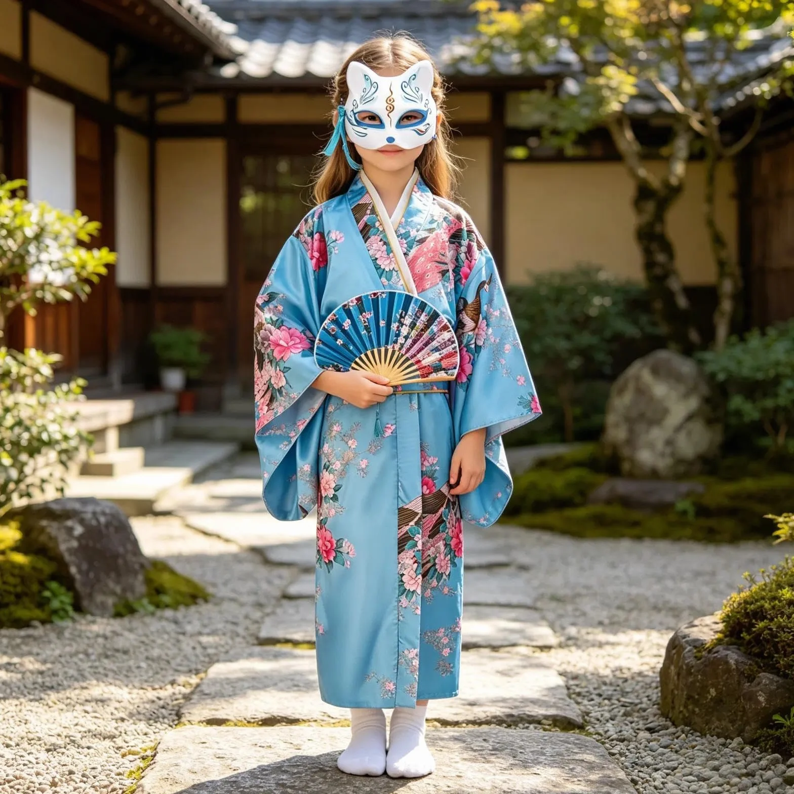 Dziecięce Yukata w Stylu Vintage Japońskim - Sukienka Kimono dla Dziewcząt, Dziecięca Tradycyjna Odzież z Jedwabnego Płótna, Sukienka na Ślub, na Imprezę, na Występ, NIEBIESKI, 140