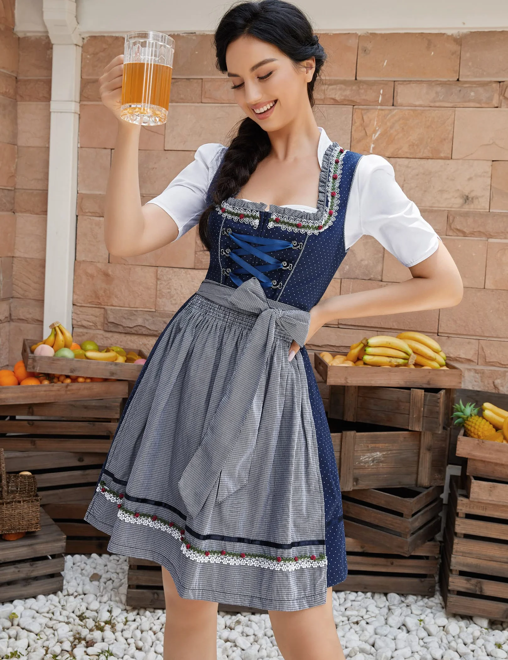 Clearlove damska sukienka midi typu Dirndl, na Oktoberfest, karnawał, trzy elementy: sukienka, bluzka, fartuch (opakowanie wielokrotnego użytku)., M