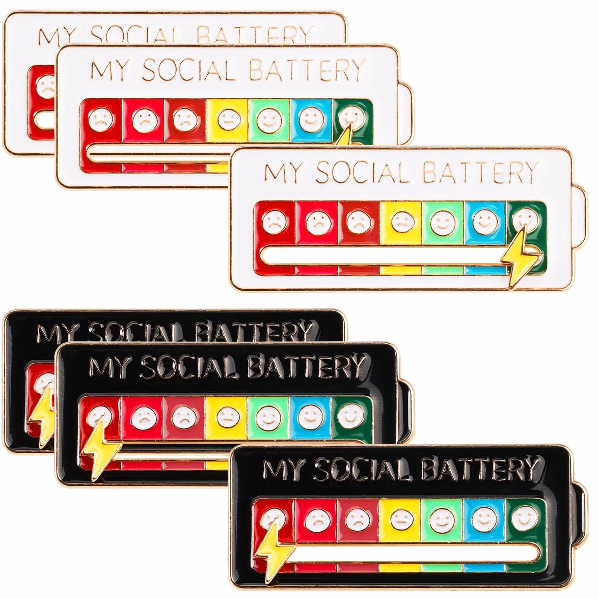 My Social Battery Pin, 6 zabawnych broszek do nastroju społecznego, interaktywne szpilki nastrojowe z 7 emocjami dla mężczyzn i kobiet (białe + czarne)