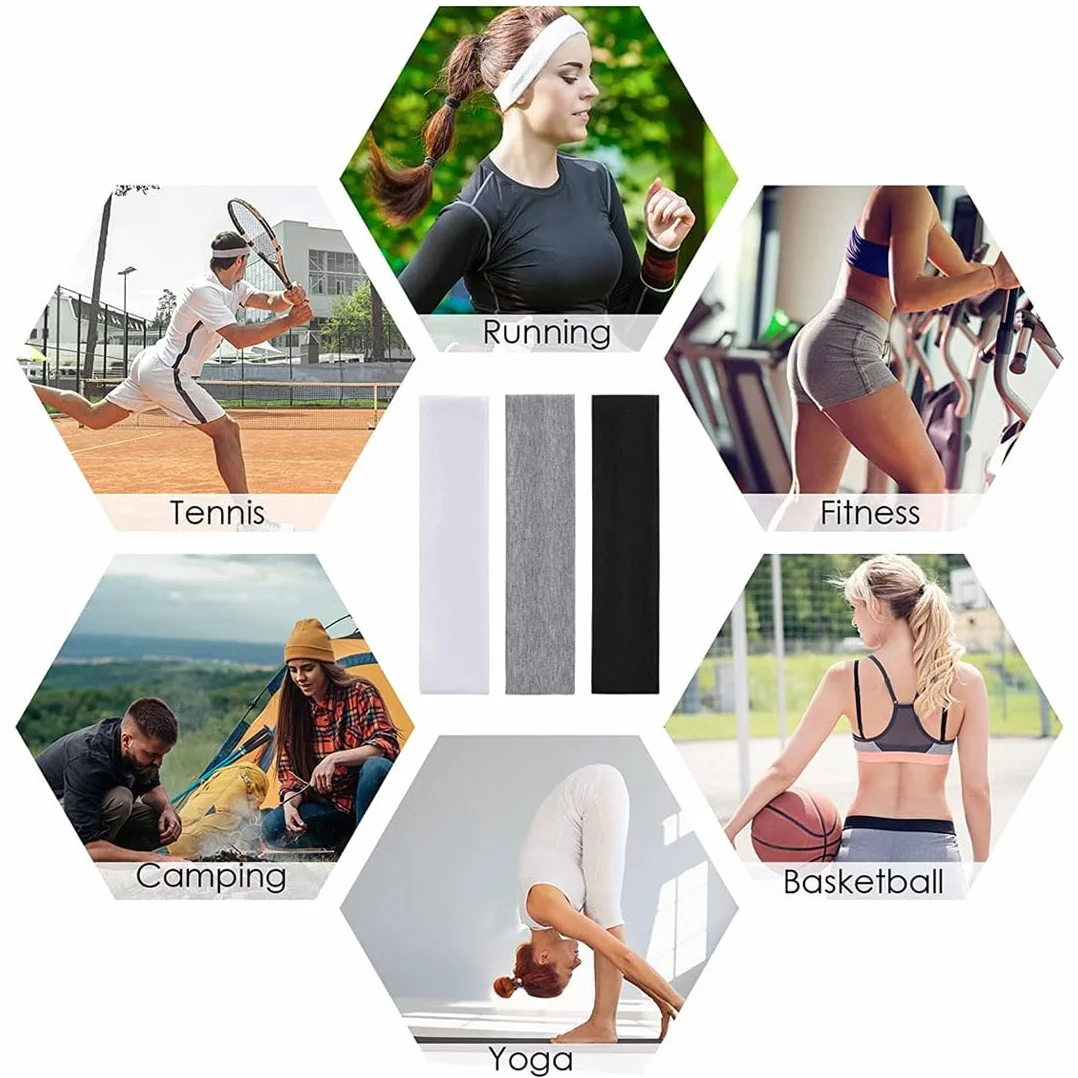 3-pak elastycznych opasek do włosów, opaska na czoło, sportowa, antypoślizgowa, do jogi, treningu, jazdy na rowerze, fitnessu, biegania (kolor jednolity)