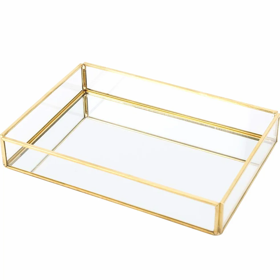 Taca z lustrem w stylu retro, złota taca, w stylu vintage, metalowa, szklana, pudełko do przechowywania kosmetyków, organizer do przechowywania perfum, biżuterii i makijażu, toaletki (S)