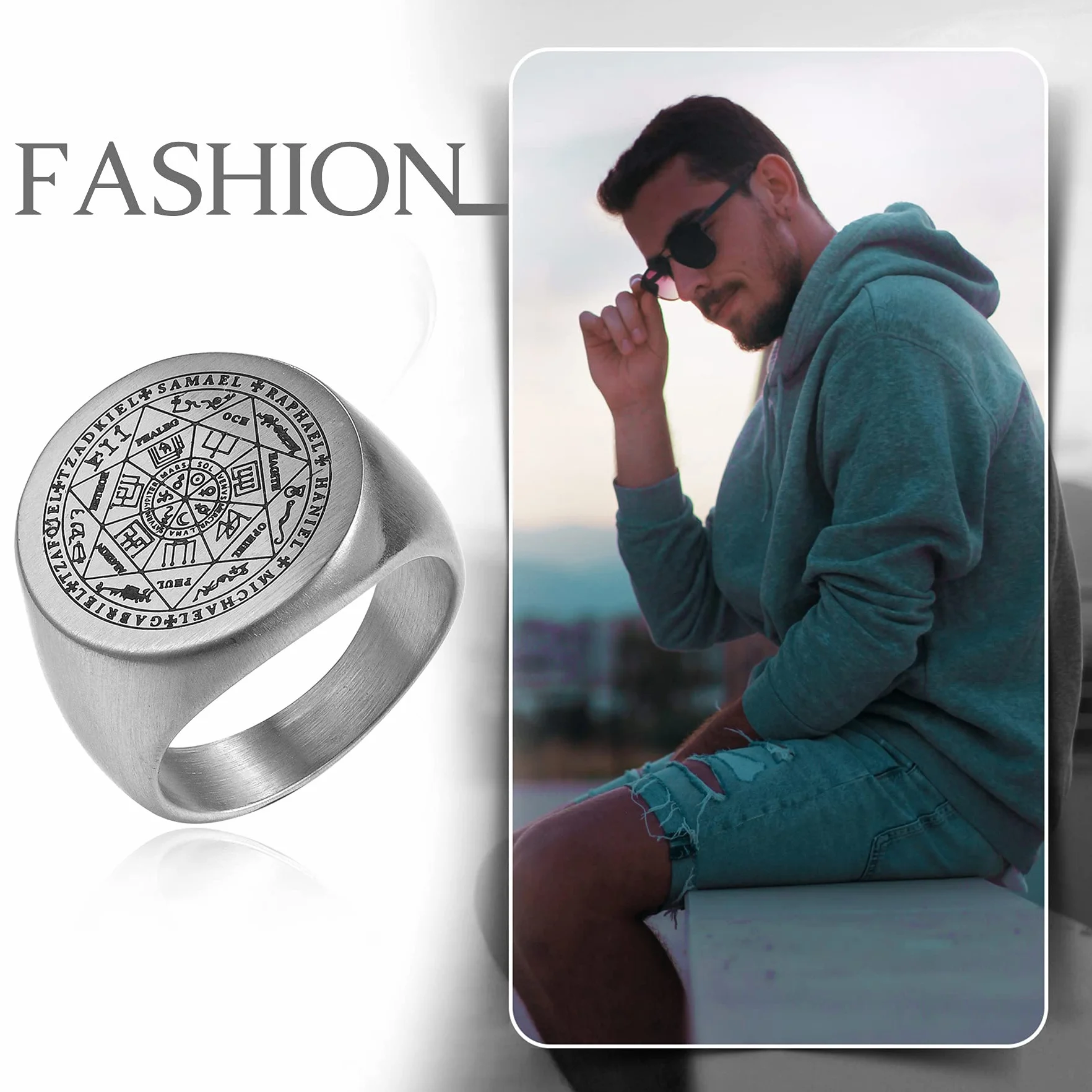 JewelryWe Vintage Seven Angels Secret Star Rune męski pierścionek ze stali nierdzewnej