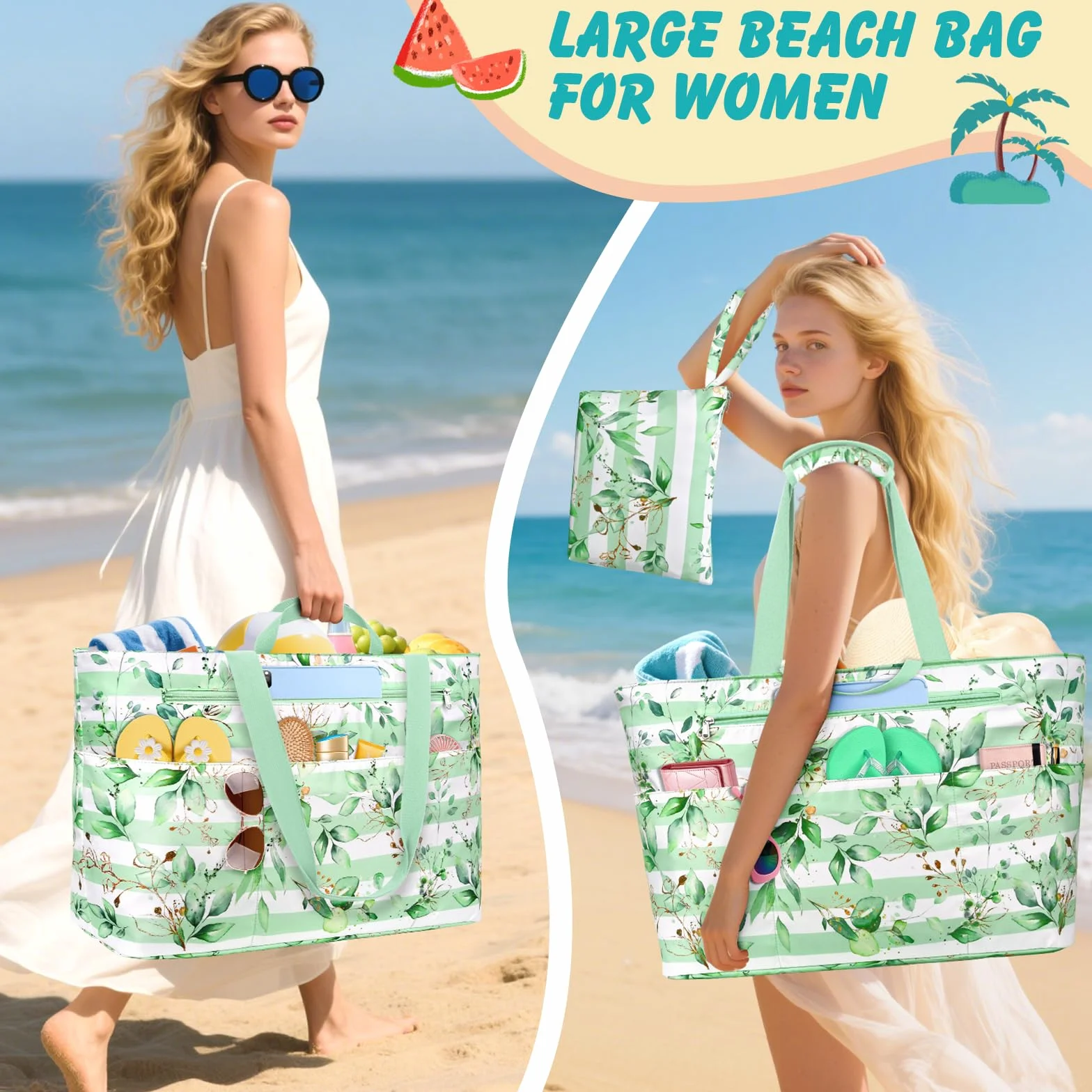 Torba plażowa Duża Torba Plażowa Kobiety XXL Rodzina Wodoodporna Torba Plażowa Składana Zamek Torba Plażowa Wiele Kieszeni Na Plażę, Podróż, Wakacje. 50 l