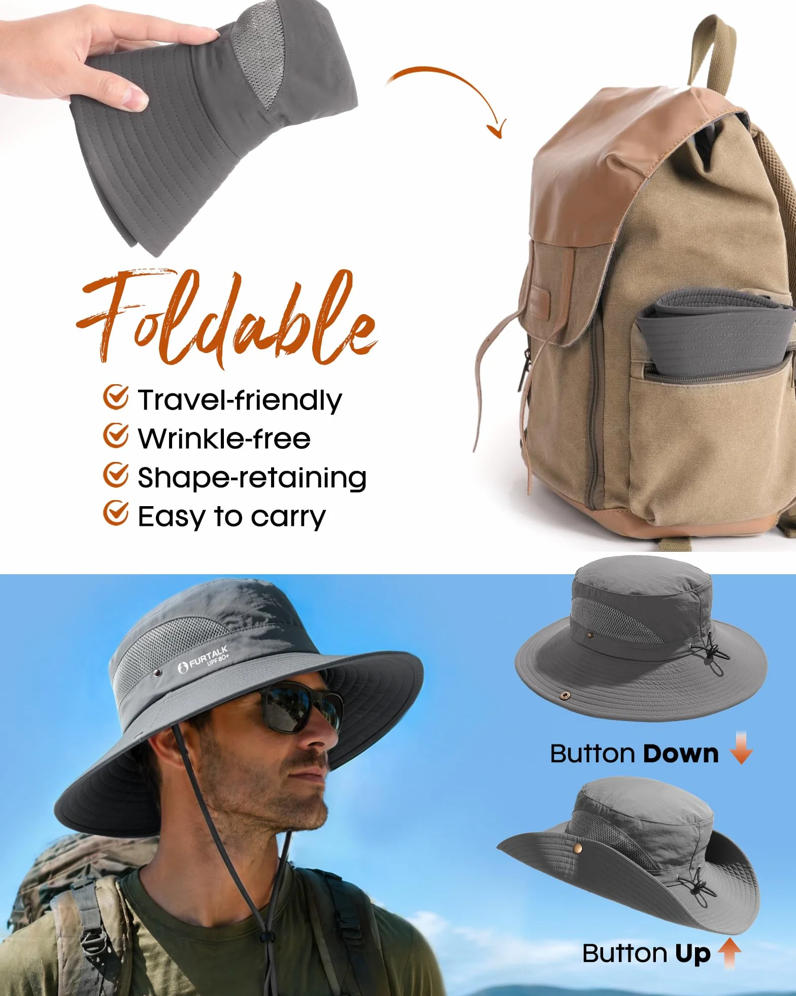 FURTALK Męski kapelusz przeciwsłoneczny typu bucket UPF 80+ szerokie rondo wędrówki wędkarstwo plaża czapki outdoorowe