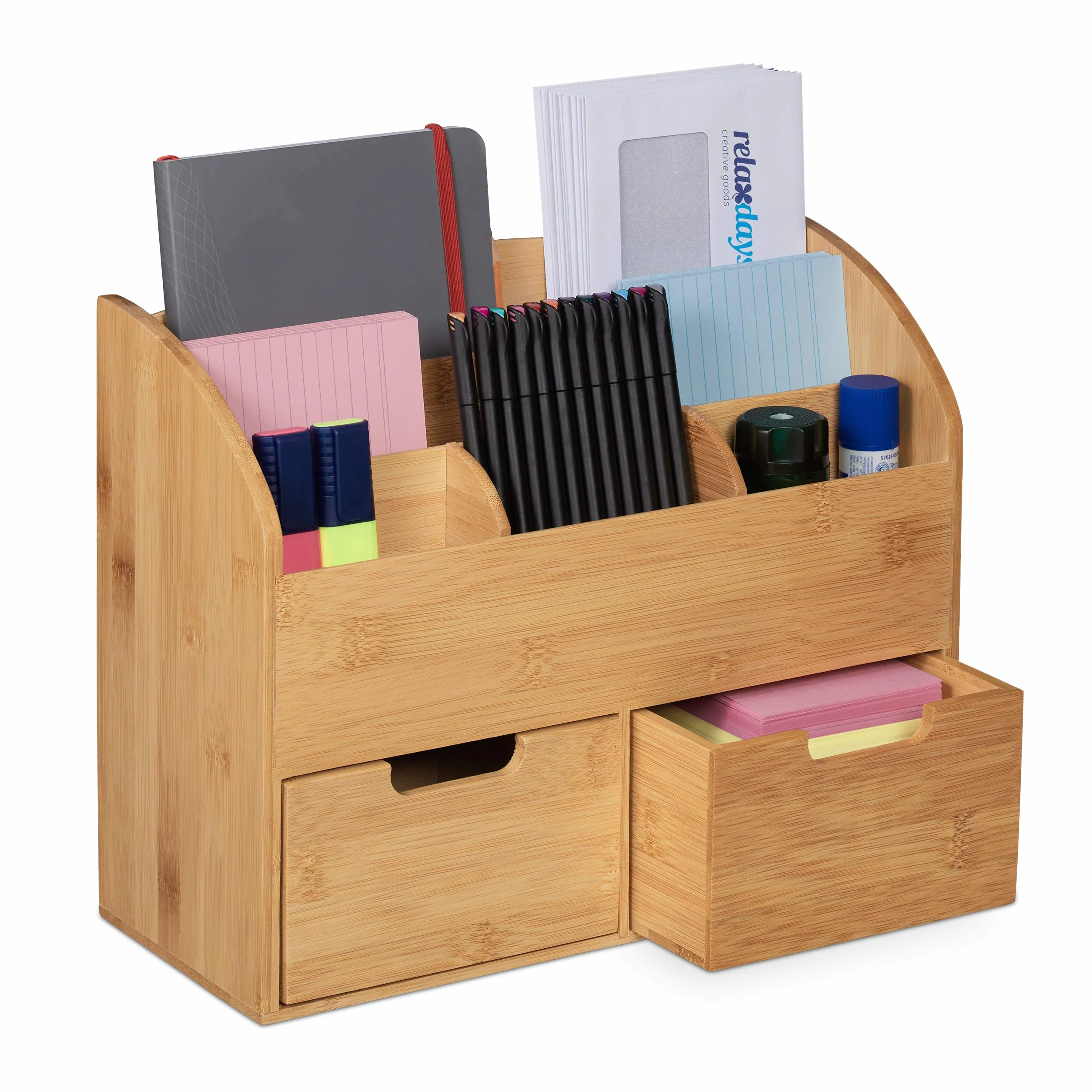 Relaxdays Organizer na biurko, 6 przegródek, 2 szuflady, na przybory biurowe, bambus, półka na listy, 26 x 33 x 13,5 cm, naturalny