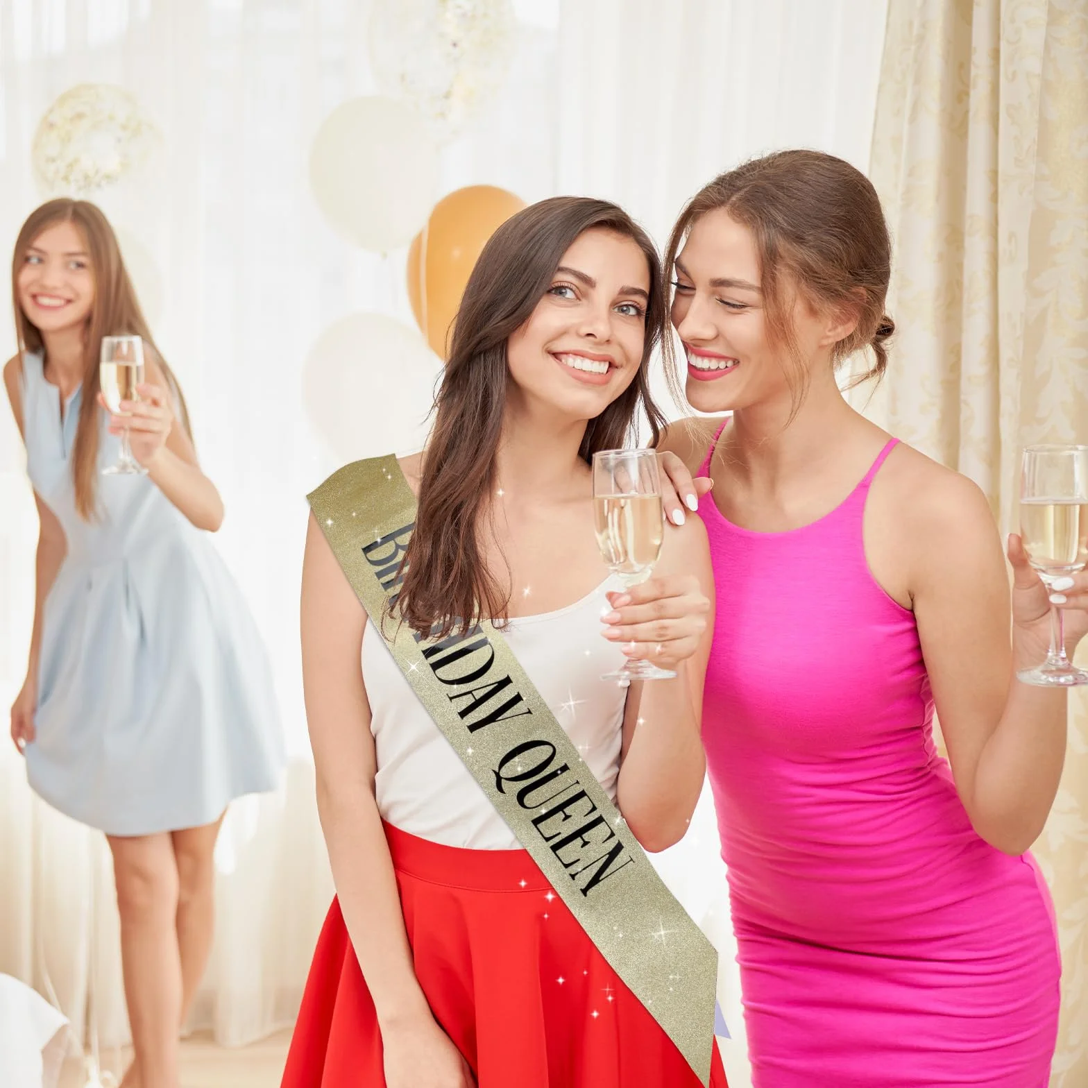 Szarfa urodzinowa, błyszcząca szarfa urodzinowa Queen/Girl, błyszcząca złota szarfa urodzinowa z szpilką, akcesoria na przyjęcie urodzinowe dla kobiet i dziewcząt (królowa urodzinowa)