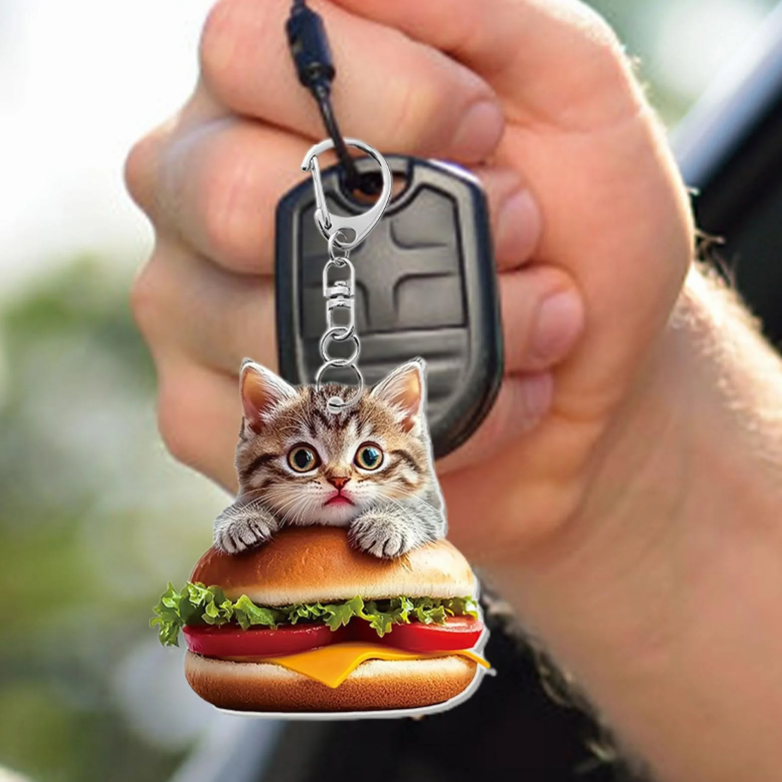 Breloczek do kluczy z motywem kota z hamburgerem, zawieszka do torby na żywność, symulacja kociaka, breloczek do kluczy z klipsem, akrylowy breloczek do torebki, zabawny breloczek do kluczy do Rucksy