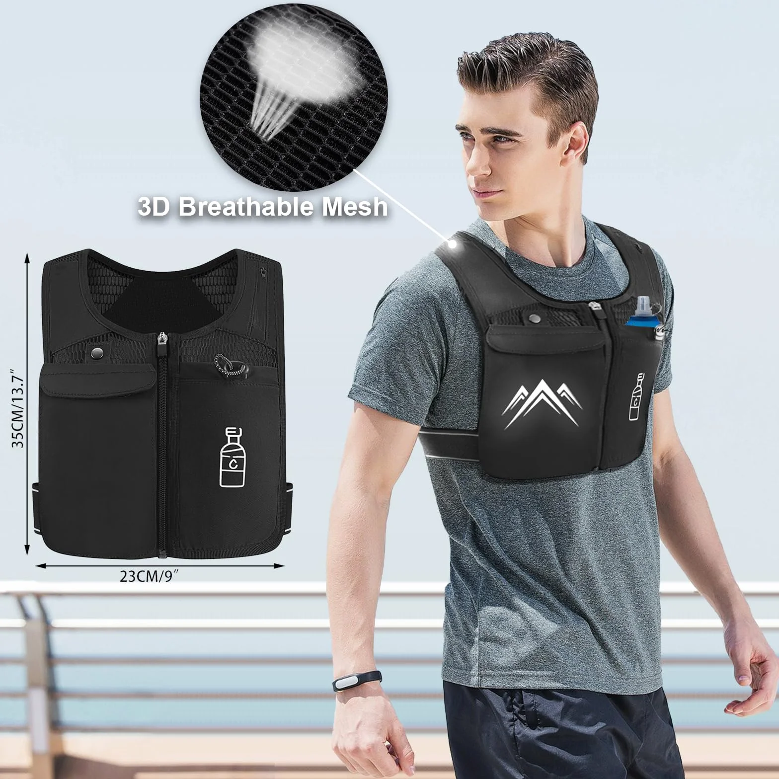 Kamizelka do Biegania Dla Kobiet I Mężczyzn, Kamizelka Biegowa Odblaskowa, z 470 ml Soft Flask, Regulowane Pasy Piersiowe, Ultralekka, Maratonu, Joggingu
