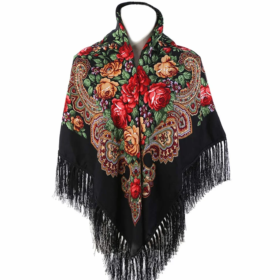 Gudessly Tradycyjny szal z frędzlami, damski, na głowę i szyję, w stylu retro, szalik kwiatowy, w formie poncho, z nadrukiem