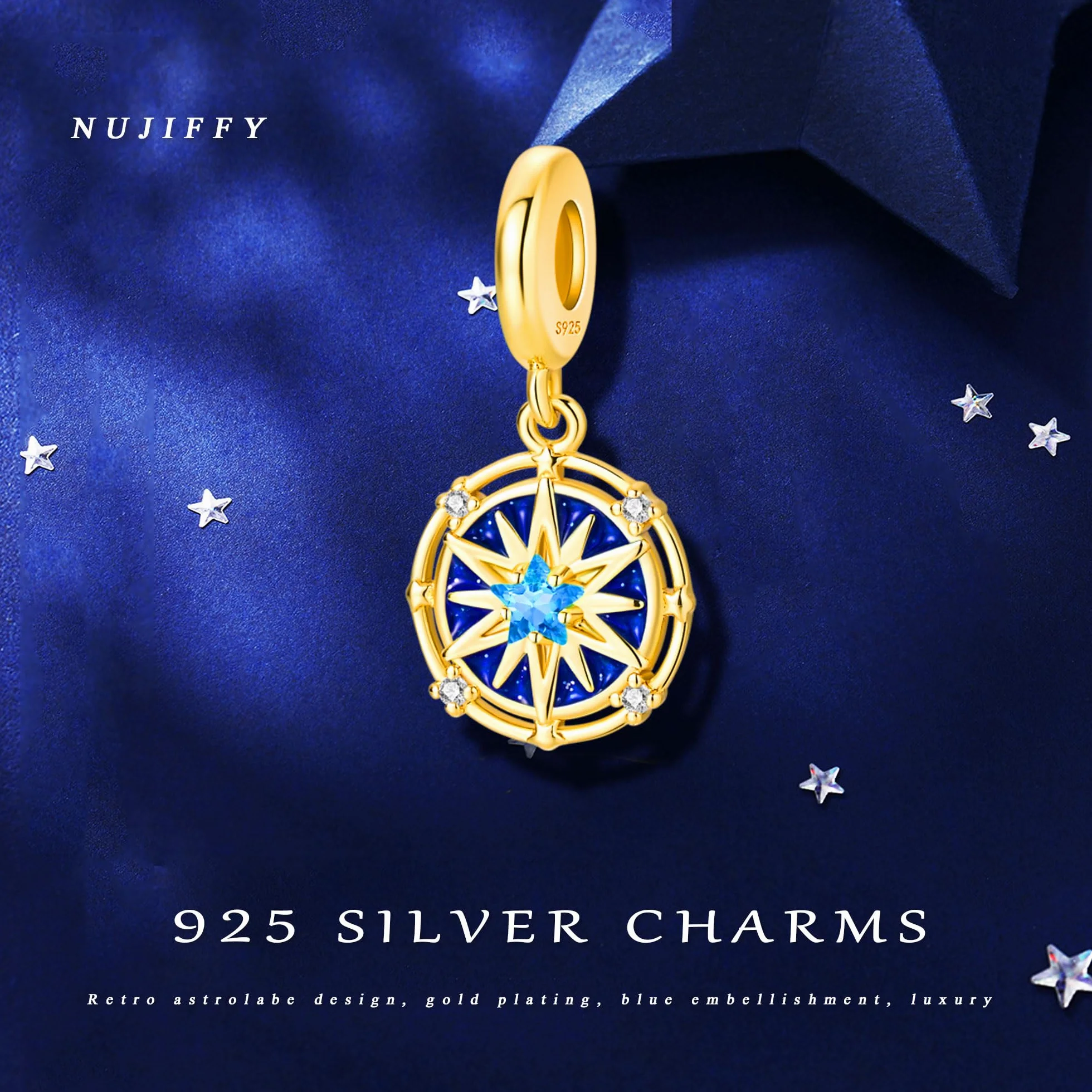 Zawieszka charms ze srebra próby 925, niebieski, księżyc, gwiazdy, słońce, krzyż, pierś, , Maria, Boho, koraliki, biżuteria do bransoletki, urocza bransoletka dla kobiet, dorosłych