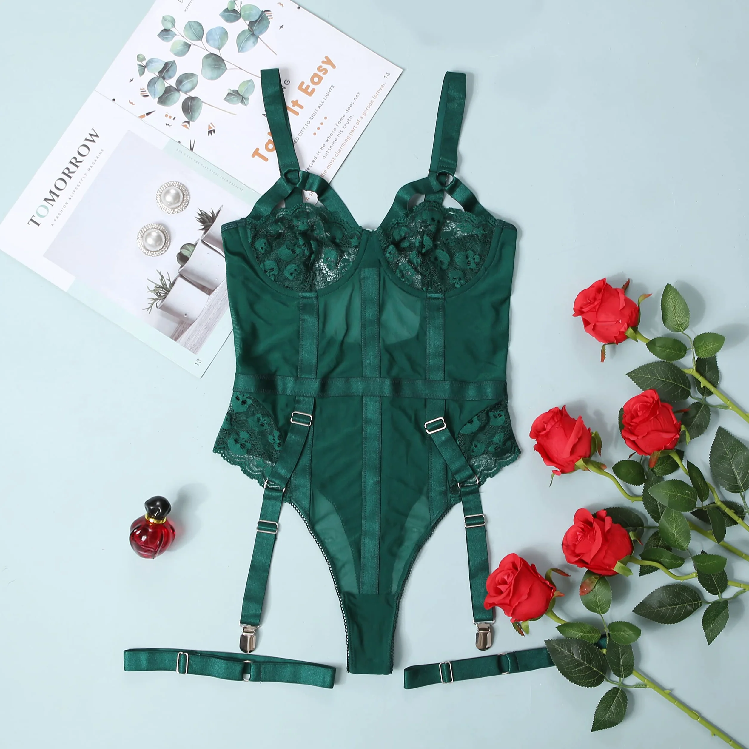Damski zestaw bielizny do pończoch z paskami Teddy niegrzeczne body egzotyczne jednoczęściowe babydoll, ciemnozielony, M
