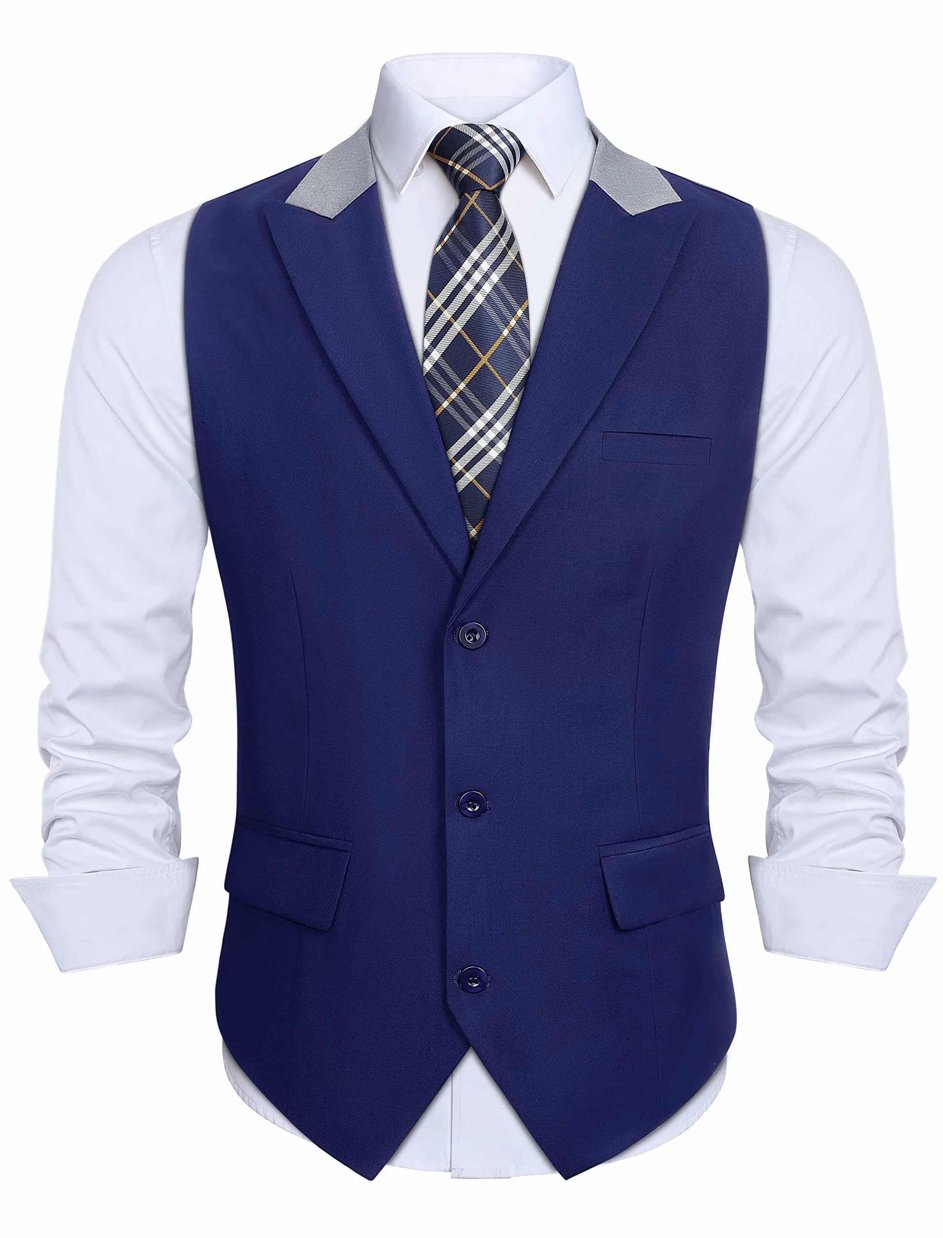 HISDERN Męska kamizelka bez rękawów, klasyczna kamizelka z formalnym klapą z 3 kieszeniami na Boże Narodzenie ślub, XS-4XL