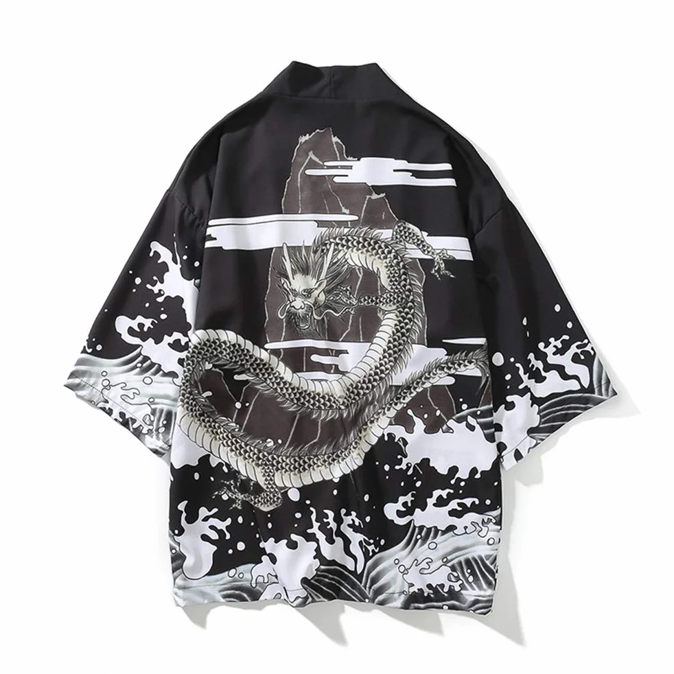 Męska kurtka kimono, neutralna retro wzorzysty wzór żurawia luźny rękaw bawełniana koszula top