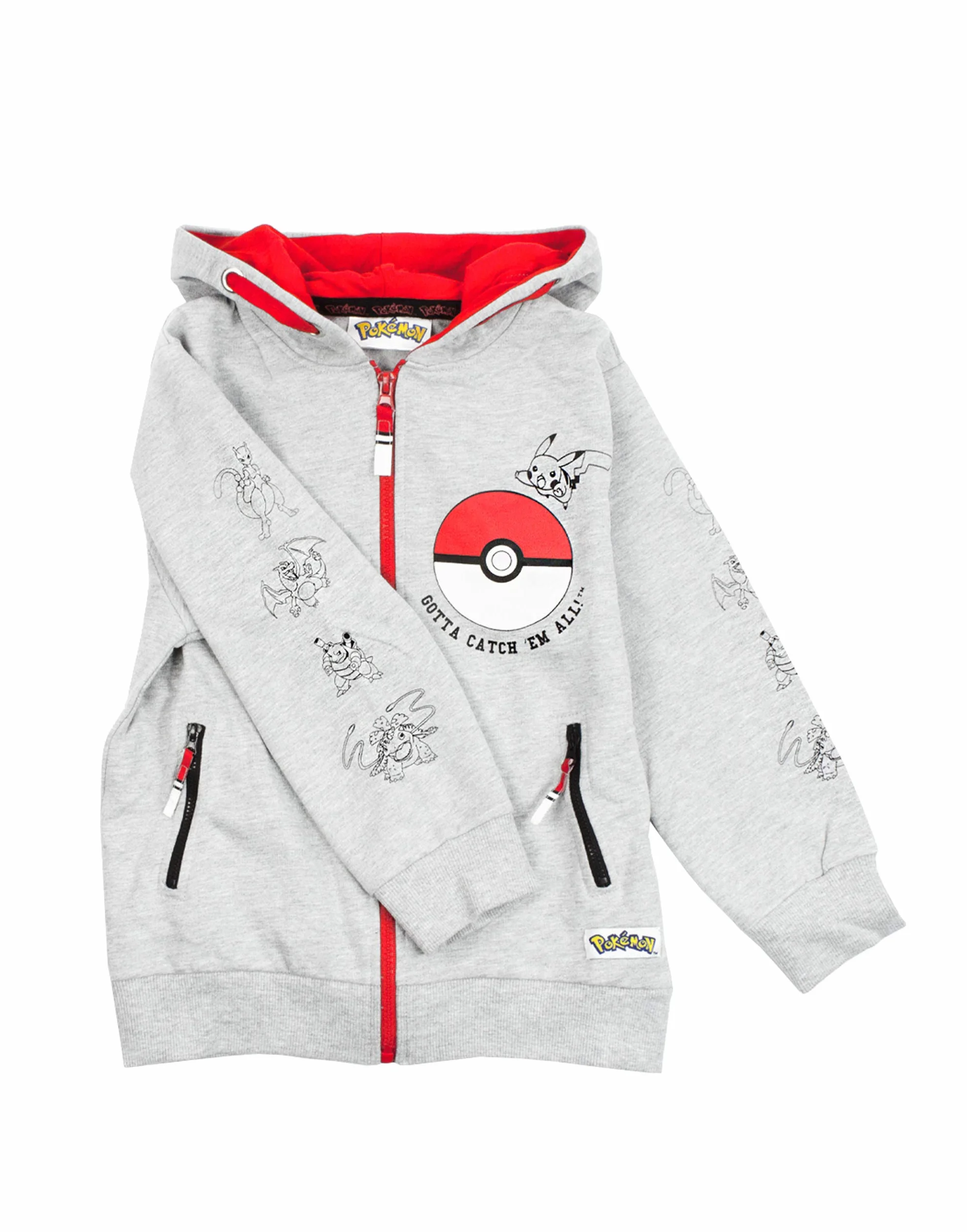 Pokemon chłopięca bluza z kapturem | Dziecięca bluza z kapturem Pokeball Gotta Catch Em All | Pikachu szaro-czerwona bluza dla dzieci | długi rękaw, bluza z kapturem i kieszenie