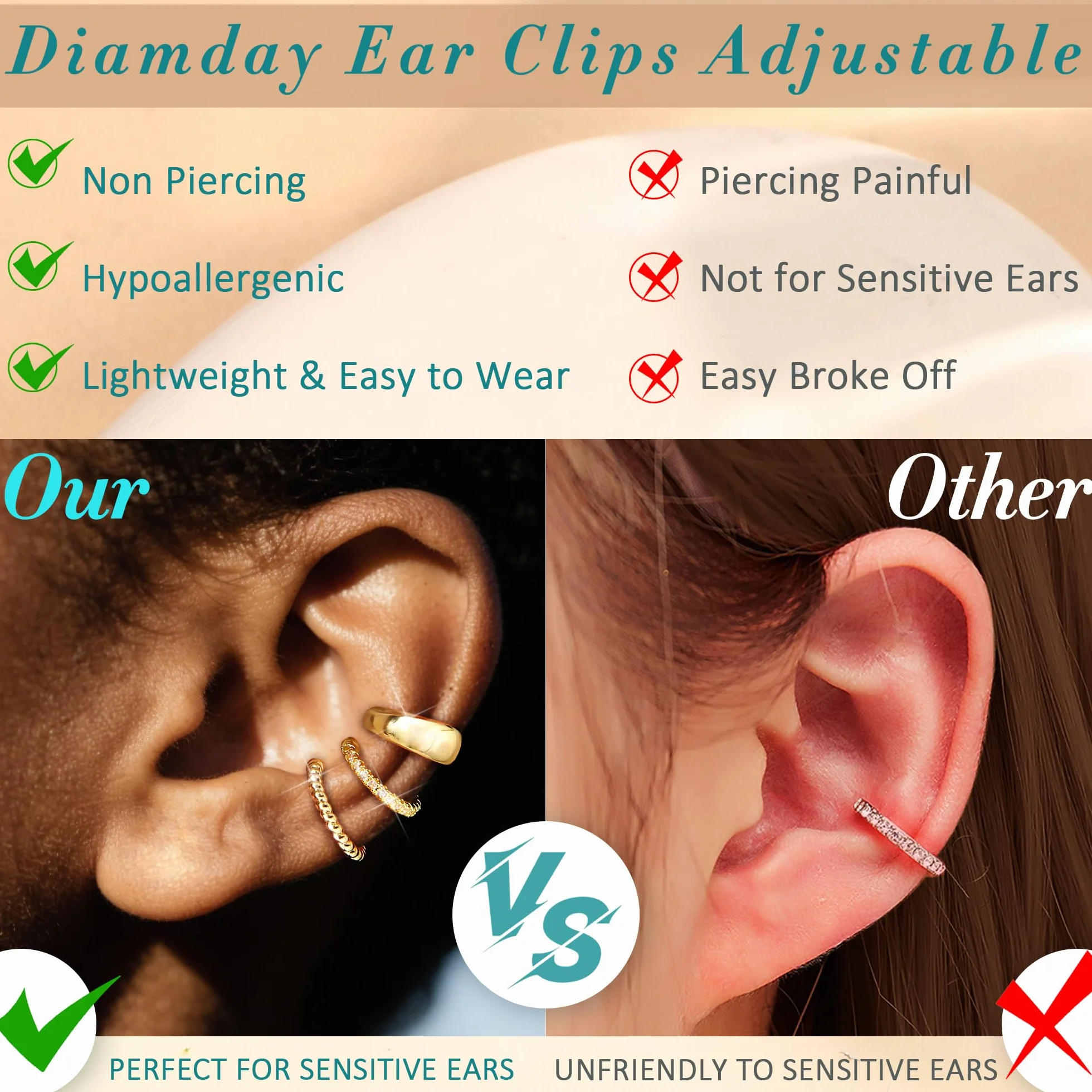 Diamday 3 sztuki kolczyków dla kobiet, Fake Helix Piercing Clip Clip Ear Cuff