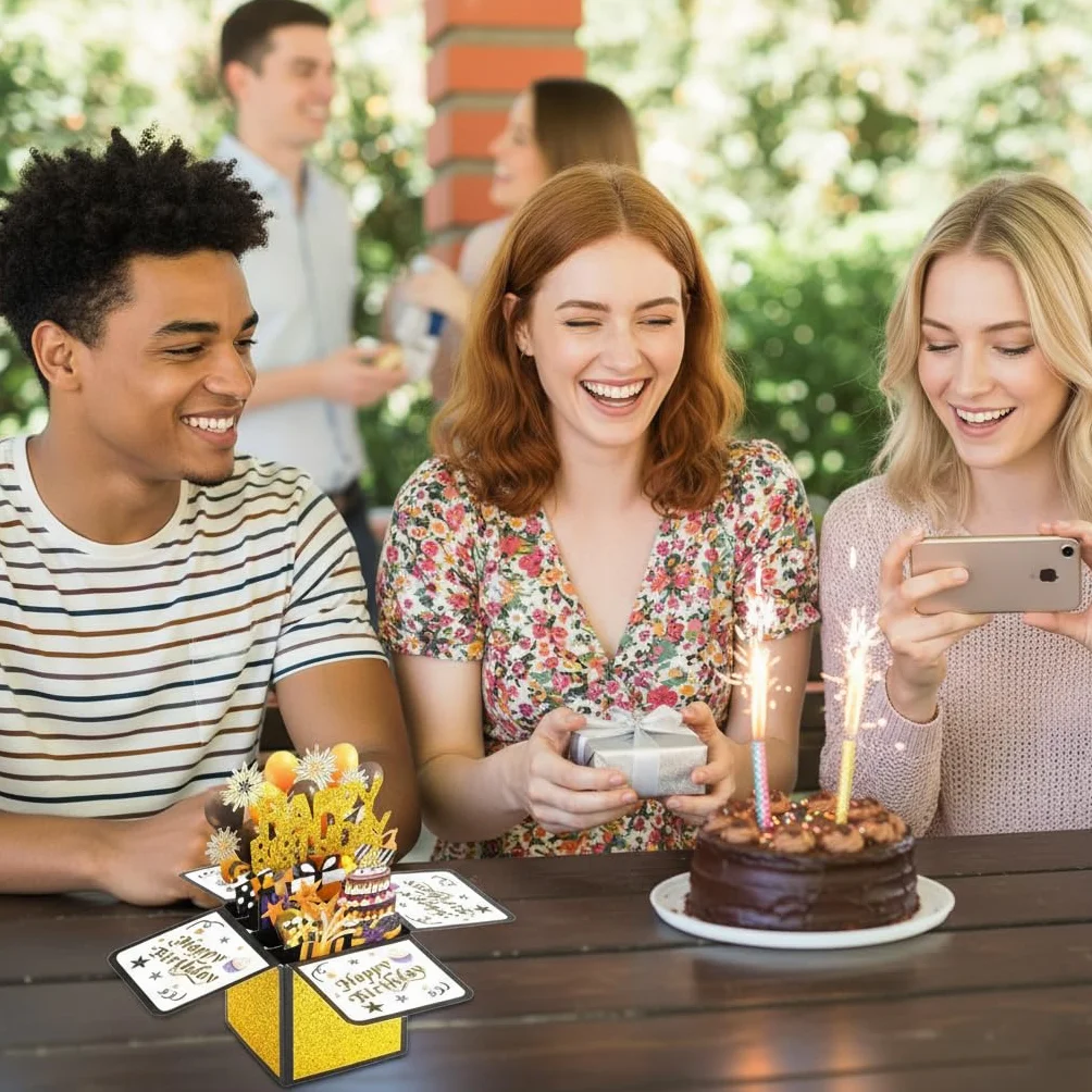 Kartka urodzinowa, Kartka urodzinowa 3D Pop-Up Happy Birthday, Ręcznie składana kartka z kopertą, Prezent urodzinowy dla żony, dziewczyny, mężczyzn i przyjaciół – Czarne złoto 18x19CM