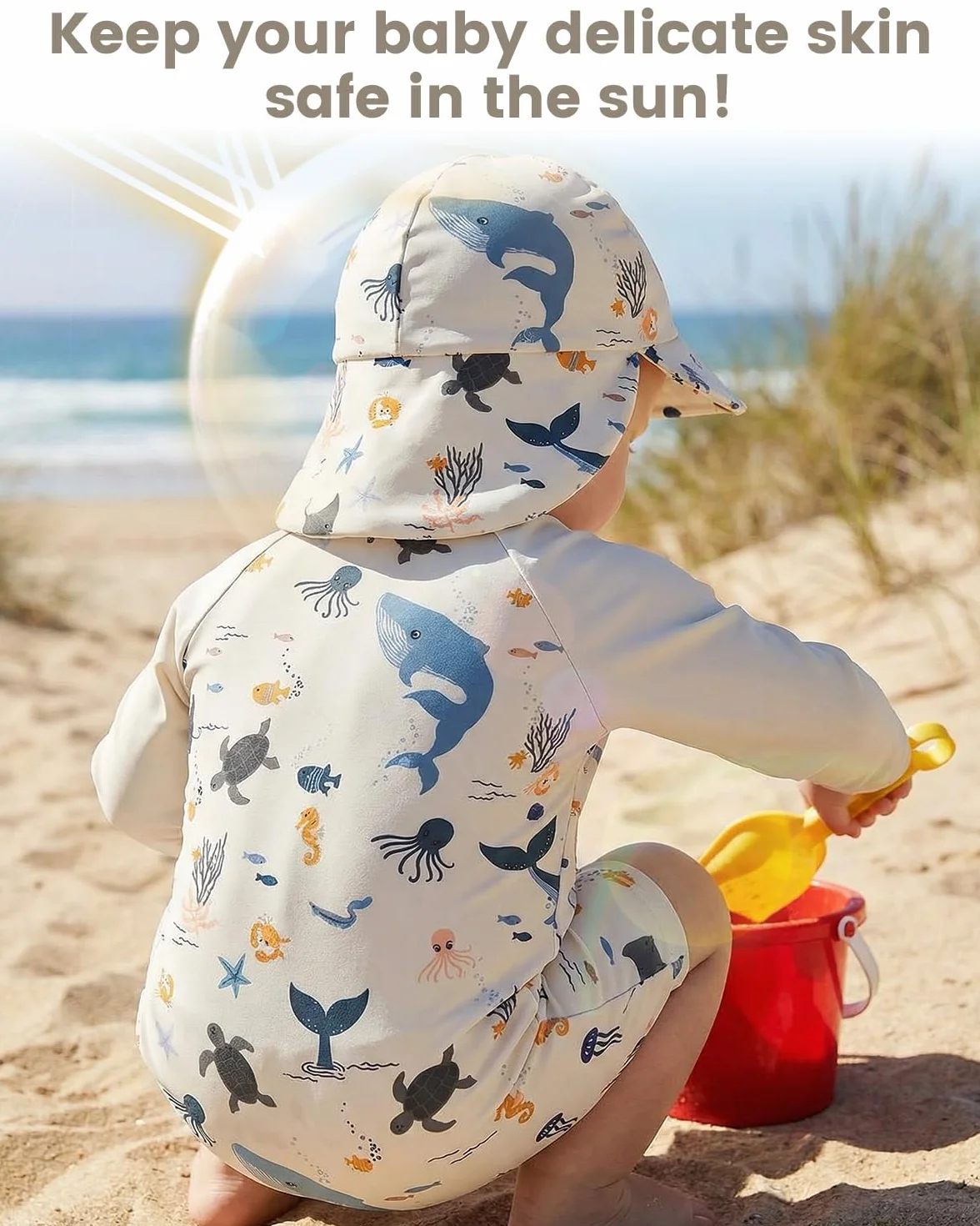 WYTbaby Jednoczęściowy kostium kąpielowy dla niemowląt, z długim rękawem, ochrona przed promieniowaniem UV, z kapeluszem przeciwsłonecznym