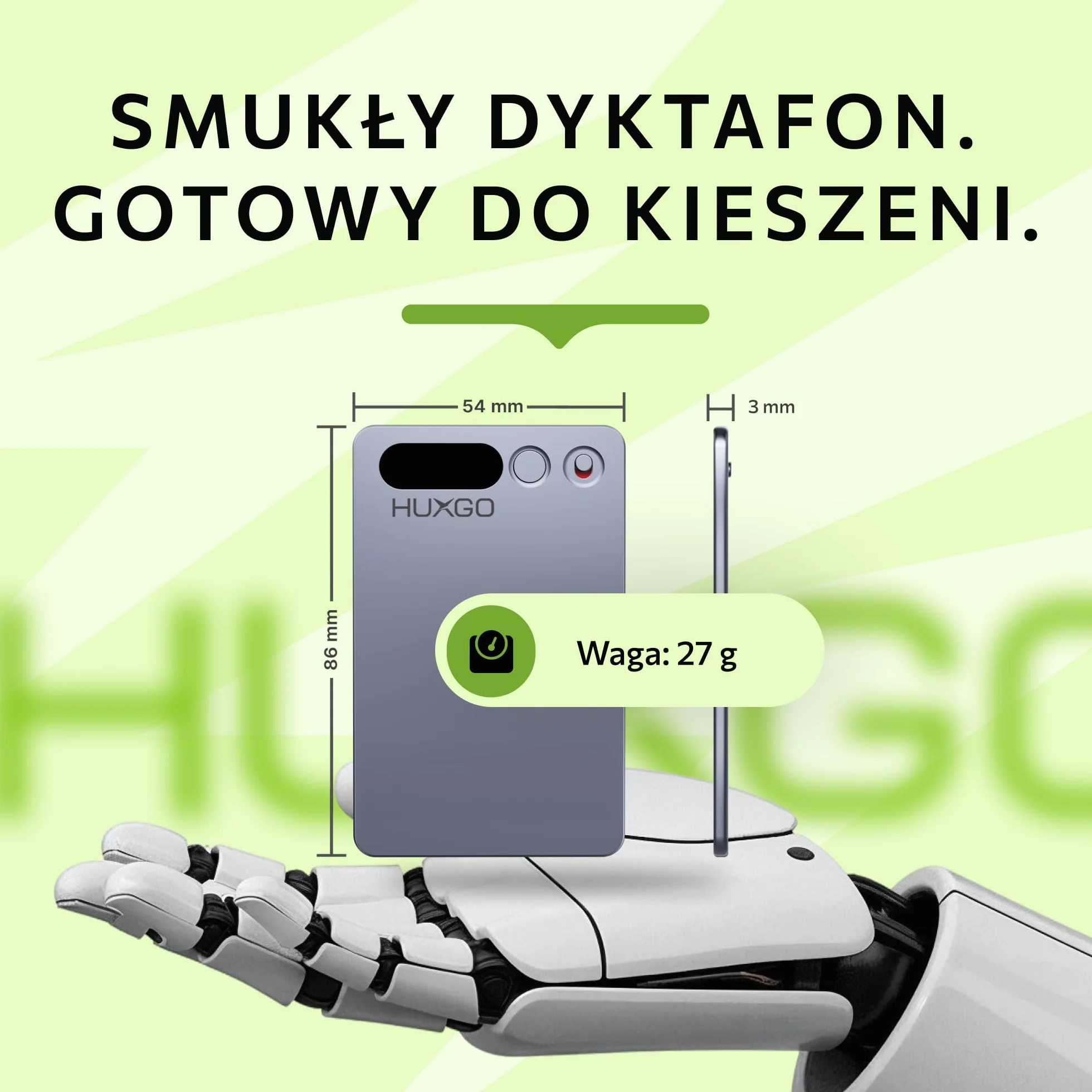 Dyktafon Cyfrowy AI 64GB z Podwójnym Mikrofonem i Redukcją Szumów – 35 h Nagrywania, Bluetooth 5.3, Aplikacja do Transkrypcji i Tłumaczenia (118+ Języków) - HUXGO®