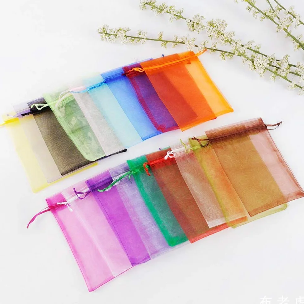 Woreczki z organzy 7 x 9 cm, 100 sztuk, kolorowe torebki na biżuterię ze sznurkiem do ściągania