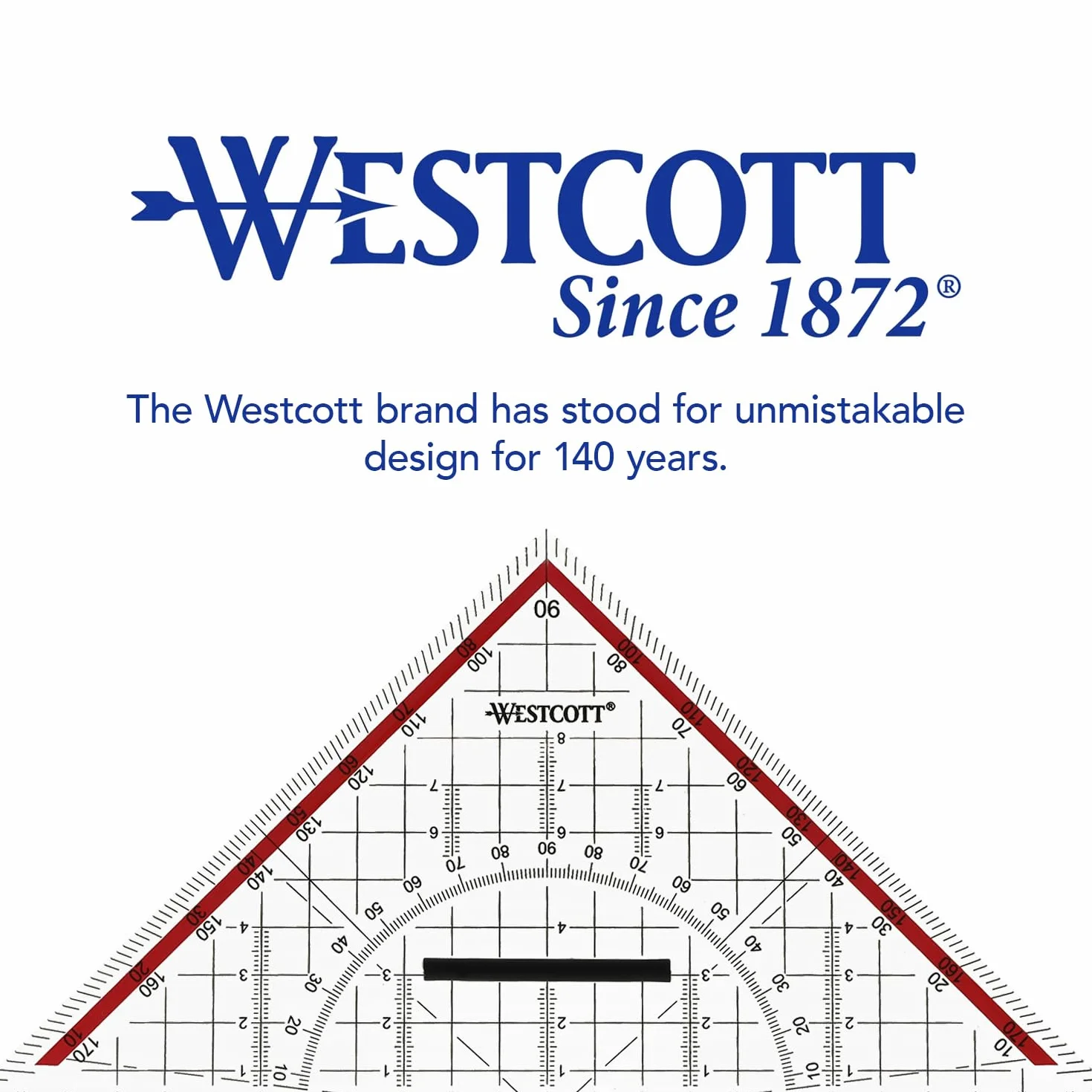 Westcott E-10142 00 ekierka 22 cm ze zdejmowanym uchwytem, przezroczysta ekierka z tworzywa sztucznego z czerwoną skalą, skala techniczna i kątomierz do szkoły, na uczelnię lub do biura