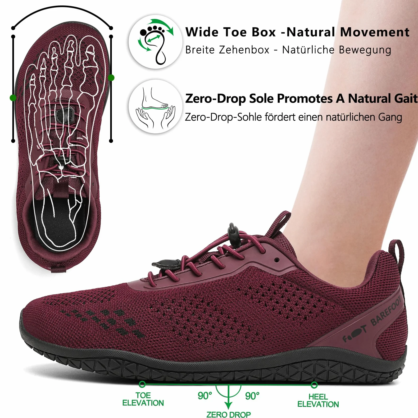 Geweo Buty Barefoot Męskie i Damskie Lekkie Wygodne Buty Sportowe Treningow z Szeroką Skrzynią na Palce Oddychające Buty do Biegania, do CrossFit z podeszwą Zero-Drop Unisex Burgund Czerwony 44EU