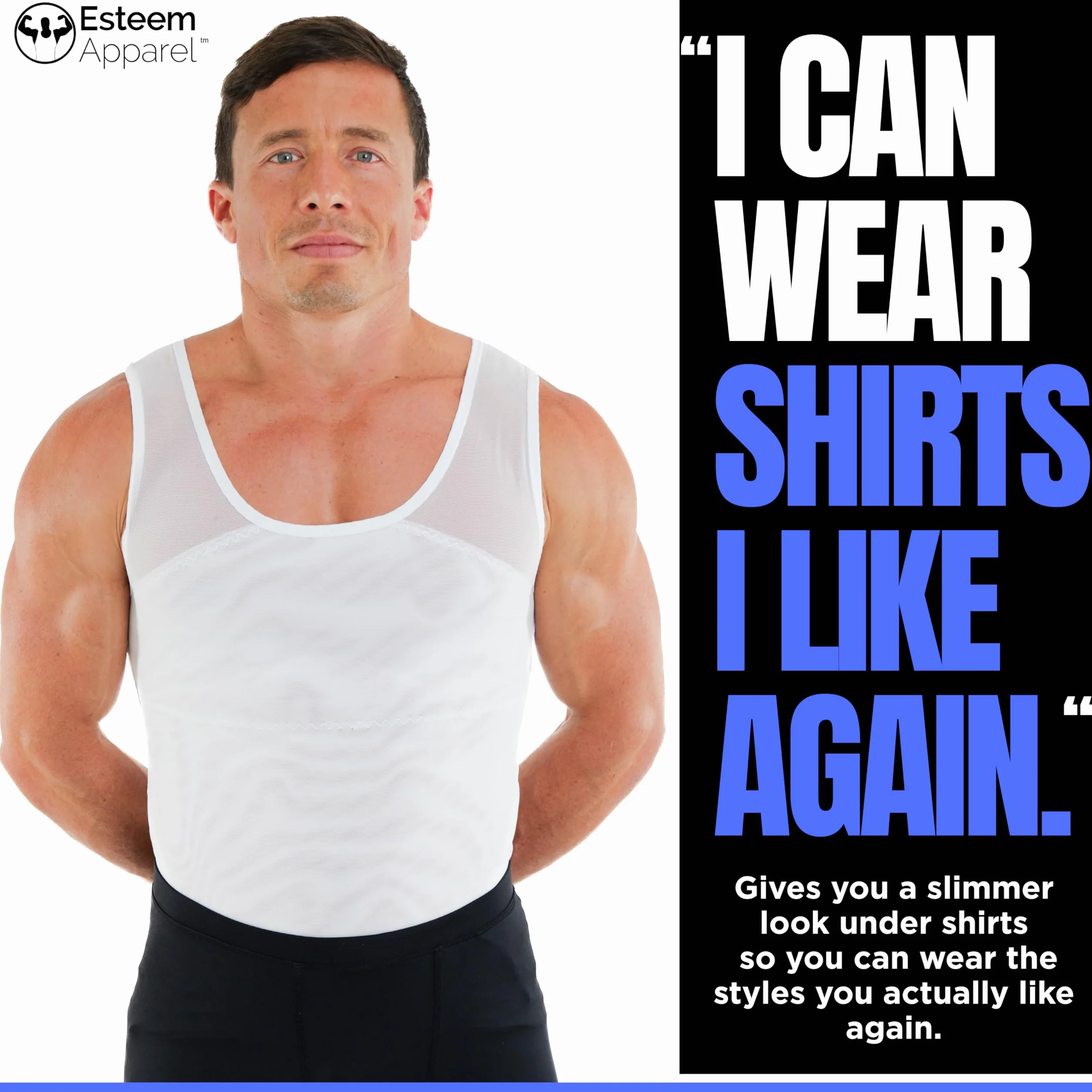 Esteem Apparel Oryginalna męska koszula kompresyjna na klatkę piersiową, aby ukryć mooby ginekomastii, Czarny, XXL