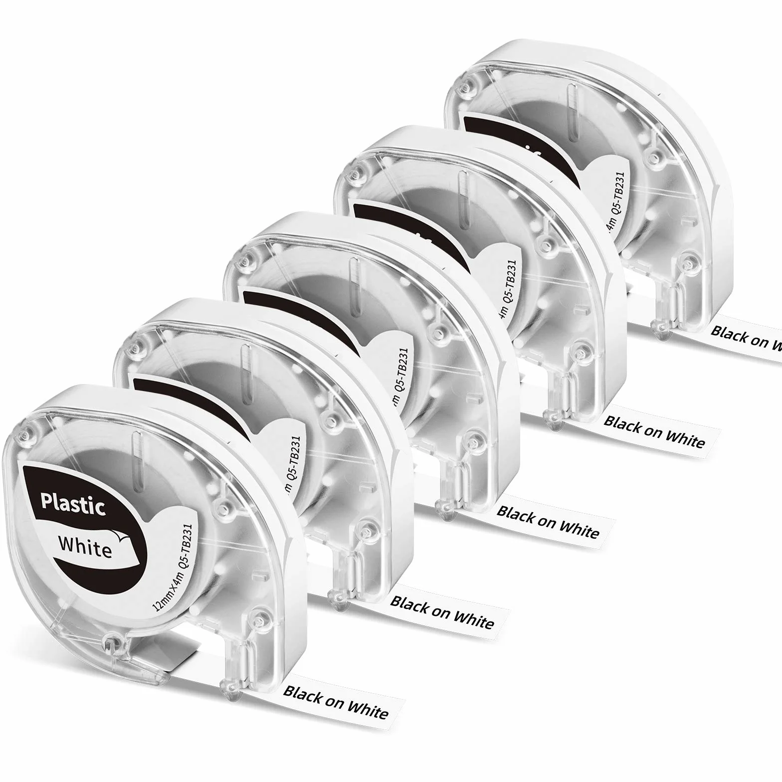 5x Phomemo P12&P12-Pro taśma do etykiet, oryginalna, 12 mm x 4 m, czarna na białym tle Q5-TB231, wodoodporne tworzywo sztuczne, samoprzylepna taśma do etykiet Phomemo P12&P12-Pro