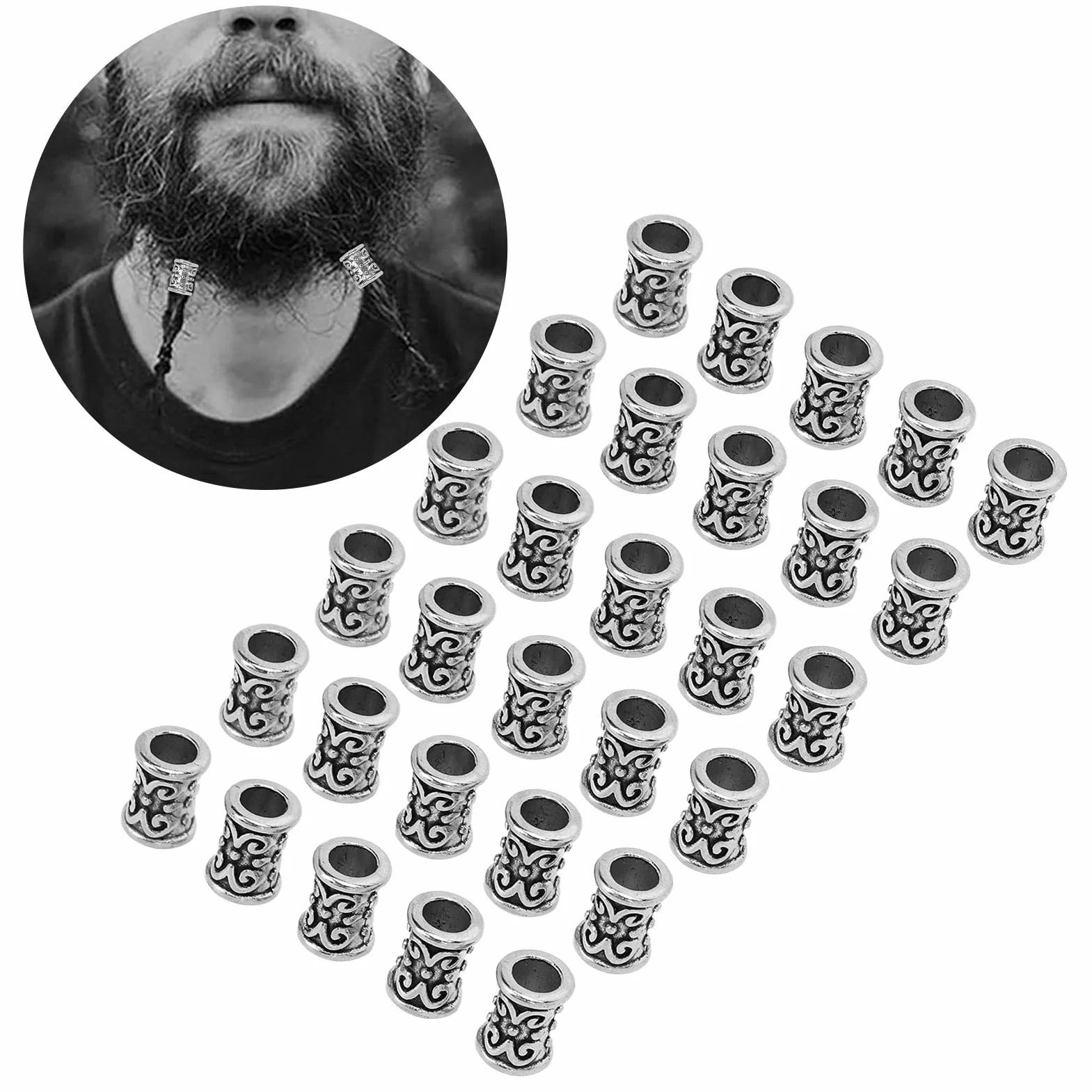 30 Sztuk Koraliki do Włosów Koraliki do Brody Koraliki do Oplatania Norse Viking Koraliki, Koraliki do Włosów Stop Retro Dredy do Włosów Koraliki Akcesoria do Oplatania Włosów(Srebro)