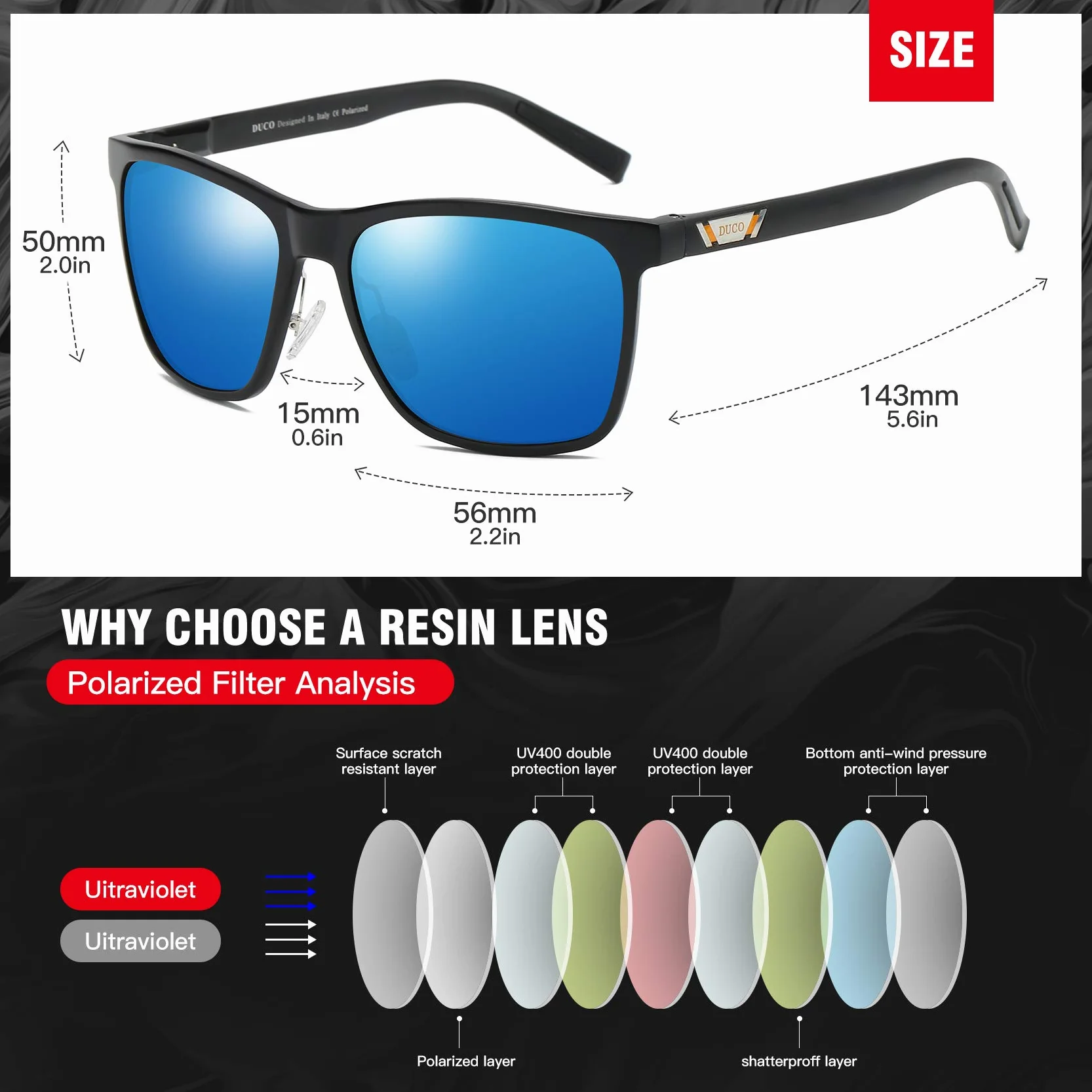 DUCO Okulary przeciwsłoneczne z polaryzacją dla mężczyzn z ochroną UV400, retro, prostokątne oprawki, ultralekkie metalowe oprawki, okulary kierowcy, sportowe okulary przeciwsłoneczne 3029H