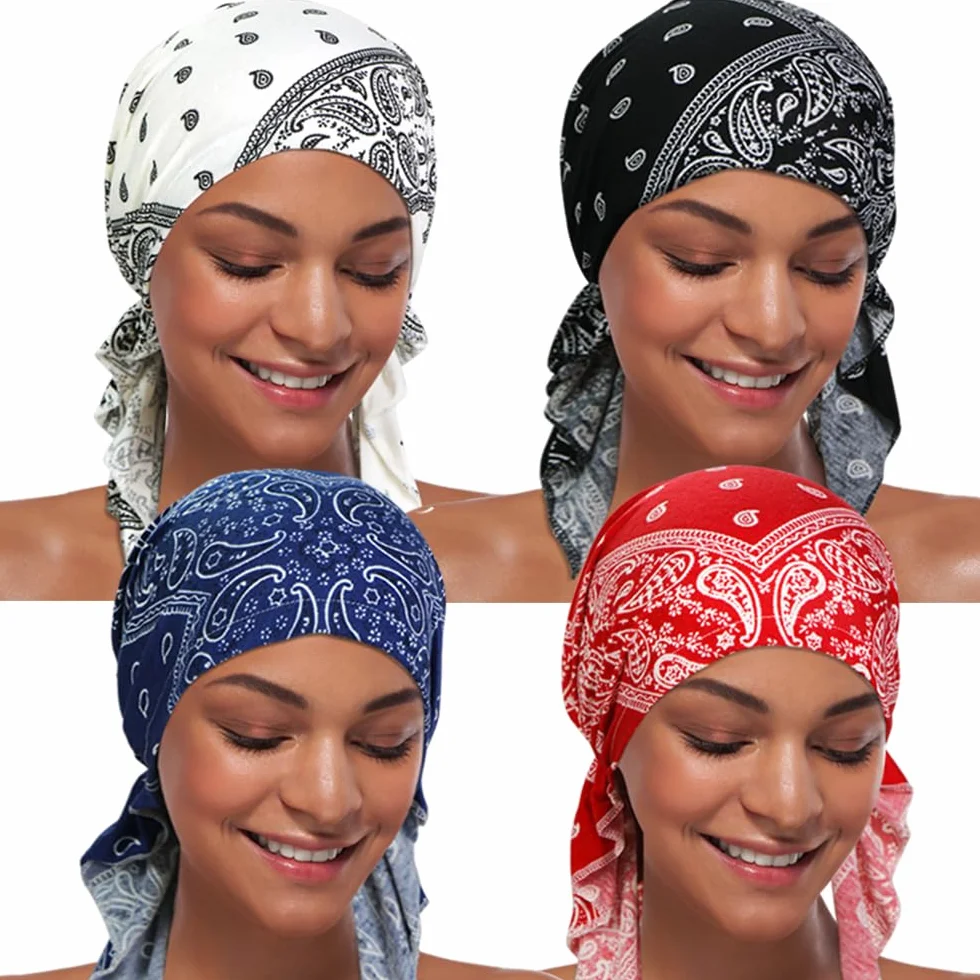 ASHILISIA 4 sztuki damskich czapek na chemioterapię, czapka turban, wstępnie zawiązane nakrycia głowy, bandana na wypadanie włosów