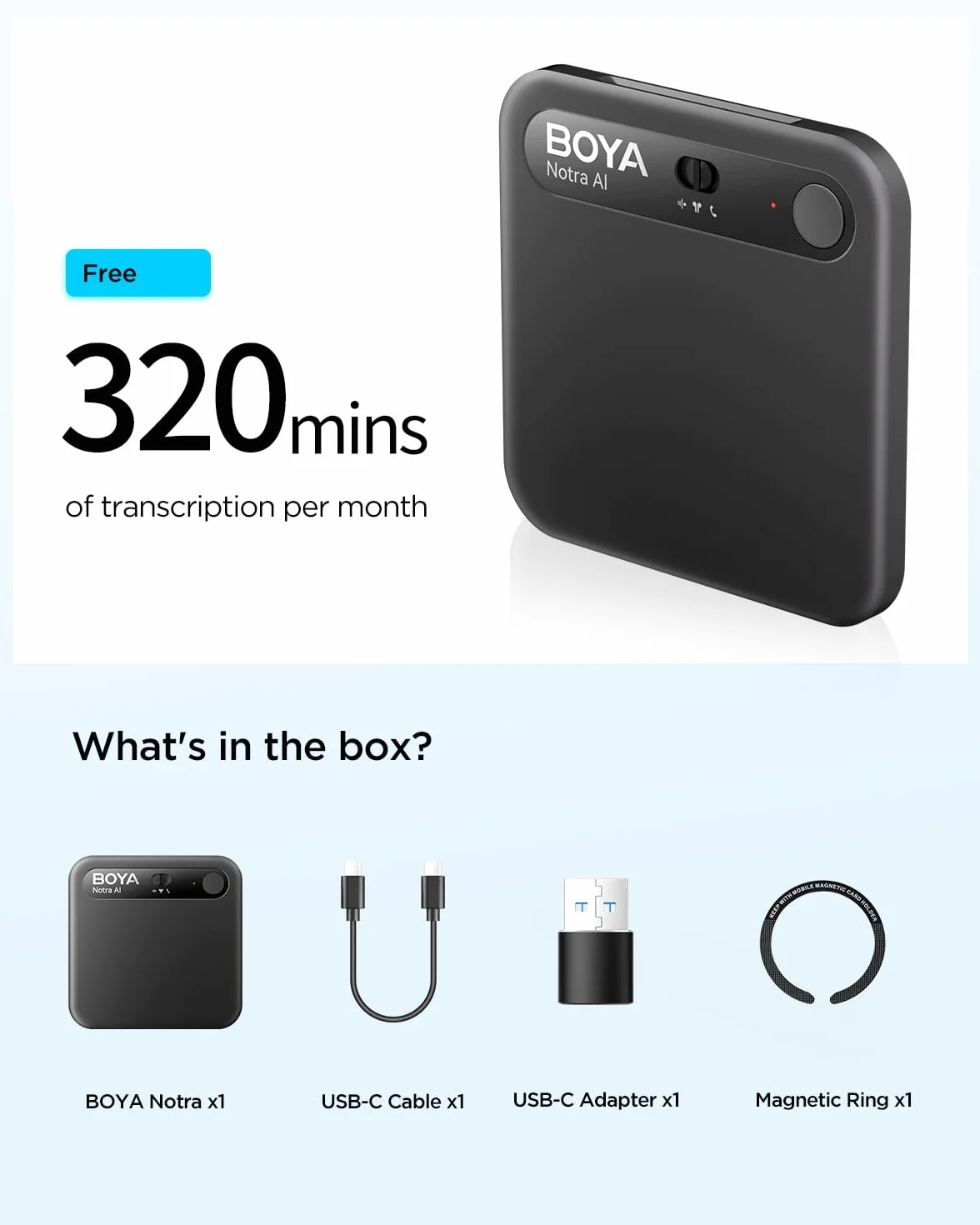 BOYA Notra AI Voice Recorder, 3 tryby przechwytywania – atmosfera/rozmowy telefoniczne/Bluetooth, transkrypcja AI i inteligentne podsumowanie, obsługa ponad 140 języków, 64 GB pamięci, magnetyczny