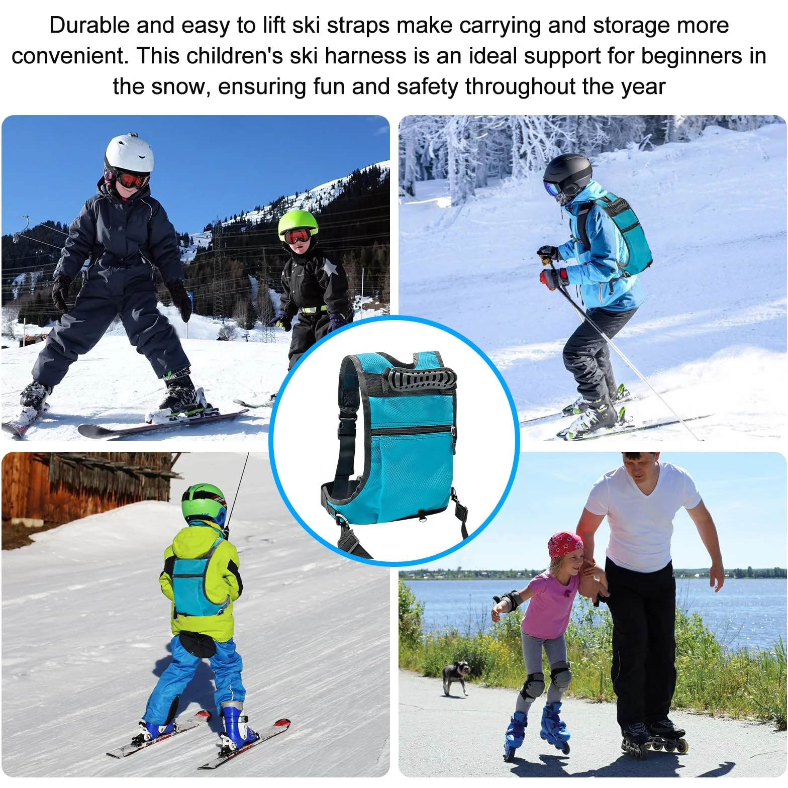 Szelki treningowe SUNOYA dla dzieci, narciarskie i snowboardowe, pasek treningowy z tylną liną trakcyjną i kieszenią, niebieski