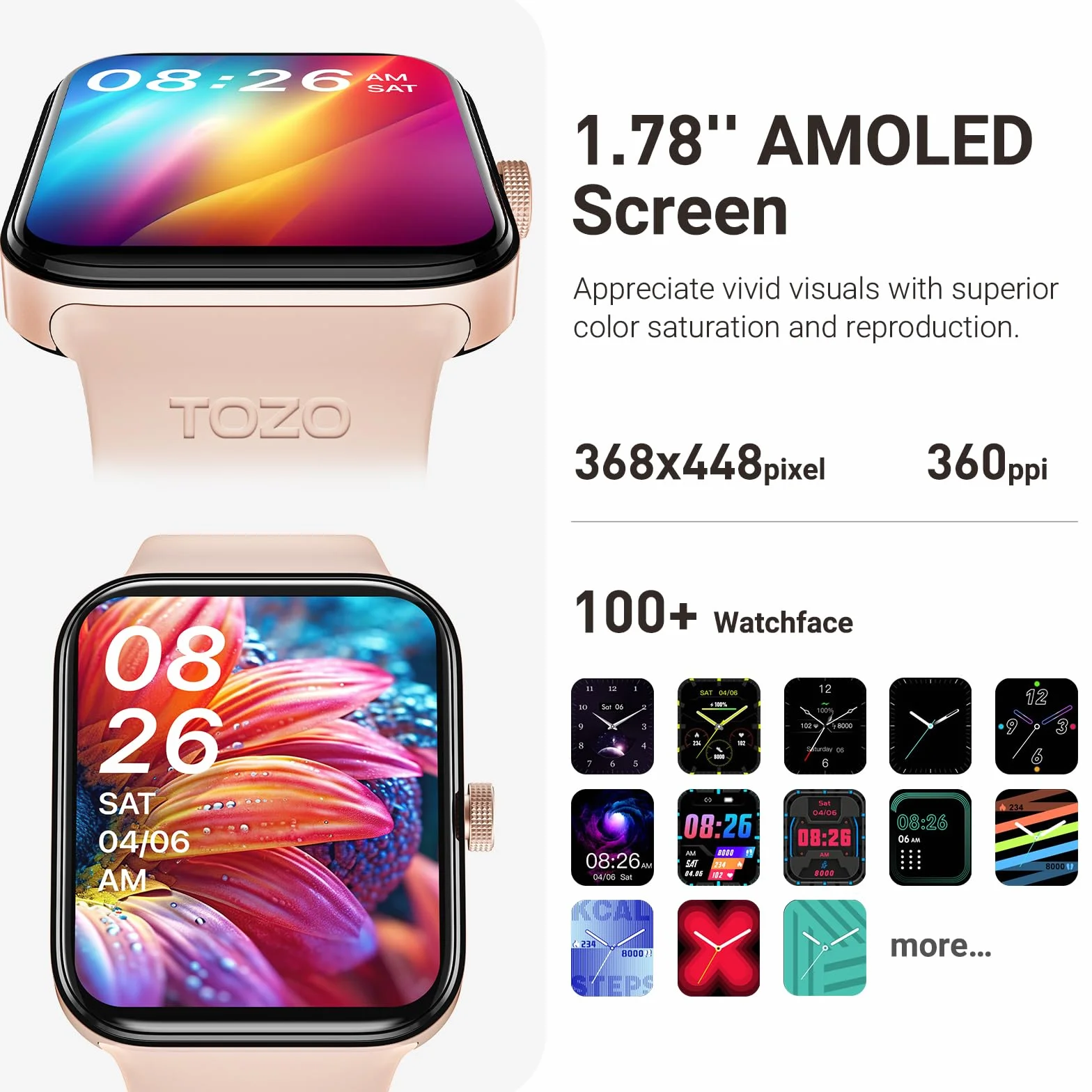 TOZO S4 AcuFit One Smart Watch Ekran AMOLED 1,78” dla mężczyzn i kobiet, Monitor fitness z wybieraniem numeru Bluetooth, Tętno i tlen we krwi, monitor snu, Wodoodporność IP68, trening dla iOS Android