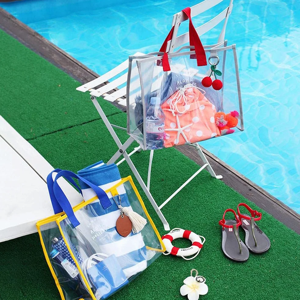duża wodoodporna przezroczysta torba plażowa unisex, czerwono-szara, 35,5 x 28 x 15 cm, dla kobiet, nastolatków