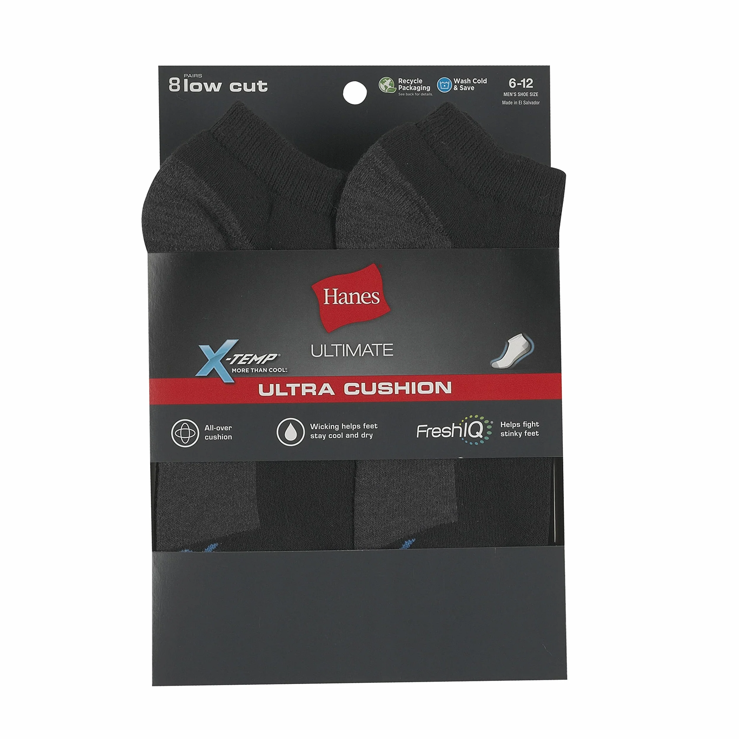 Hanes Ultimate Ultra Cushion FreshIQ męskie skarpety odprowadzające wilgoć, niski krój, 8 sztuk, kolor biały, Czarny, 8 par, Rozmiar uniwersalny
