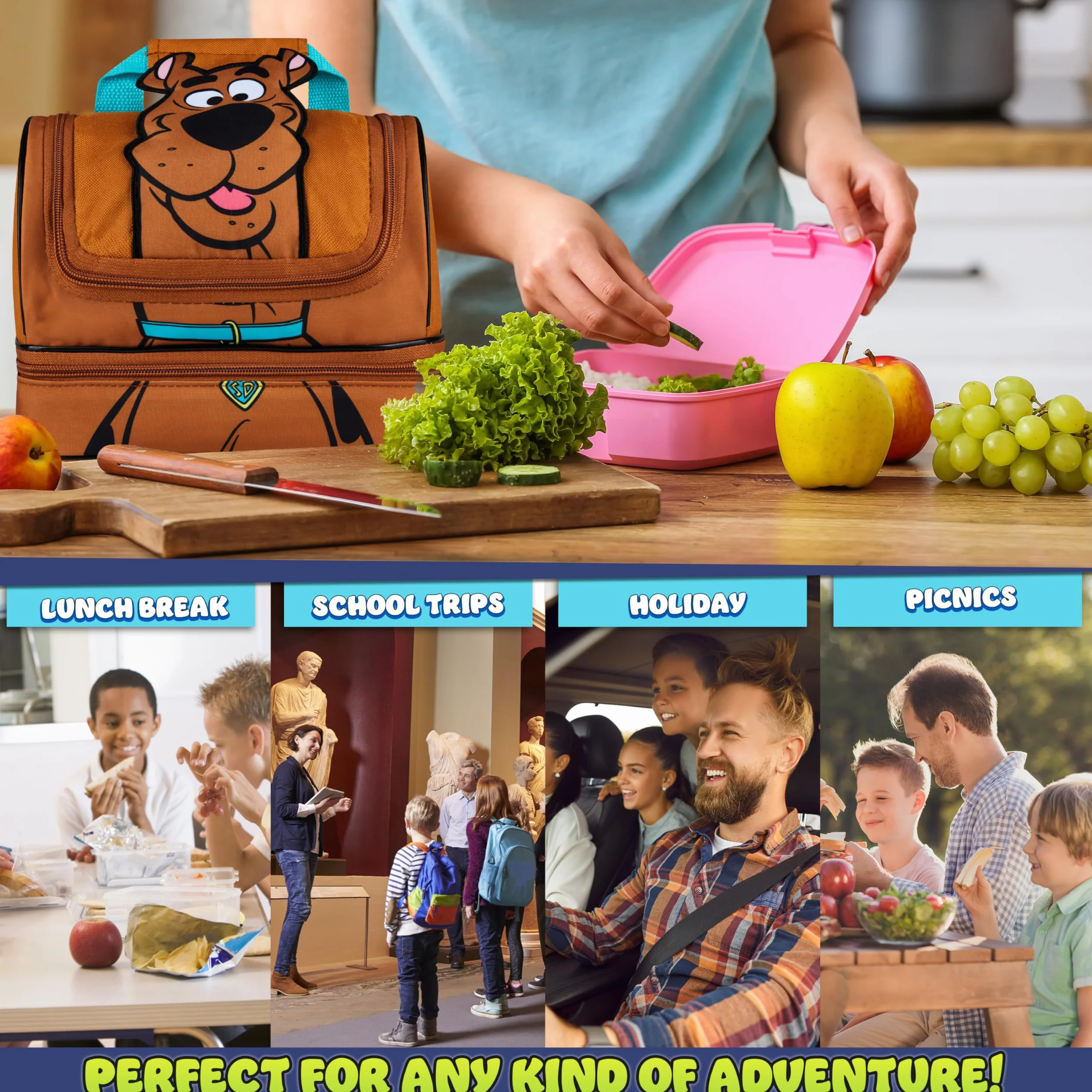 Uzyskaj Trend Scooby Doo Lunch Bag dla dzieci Izolowany Lunch Box z Przegródkami Dwupiętrowy Pojemnik Na Przekąski Do Szkoły Podróży Piknik Torba Chłodnicza (Brązowy Scooby Doo)