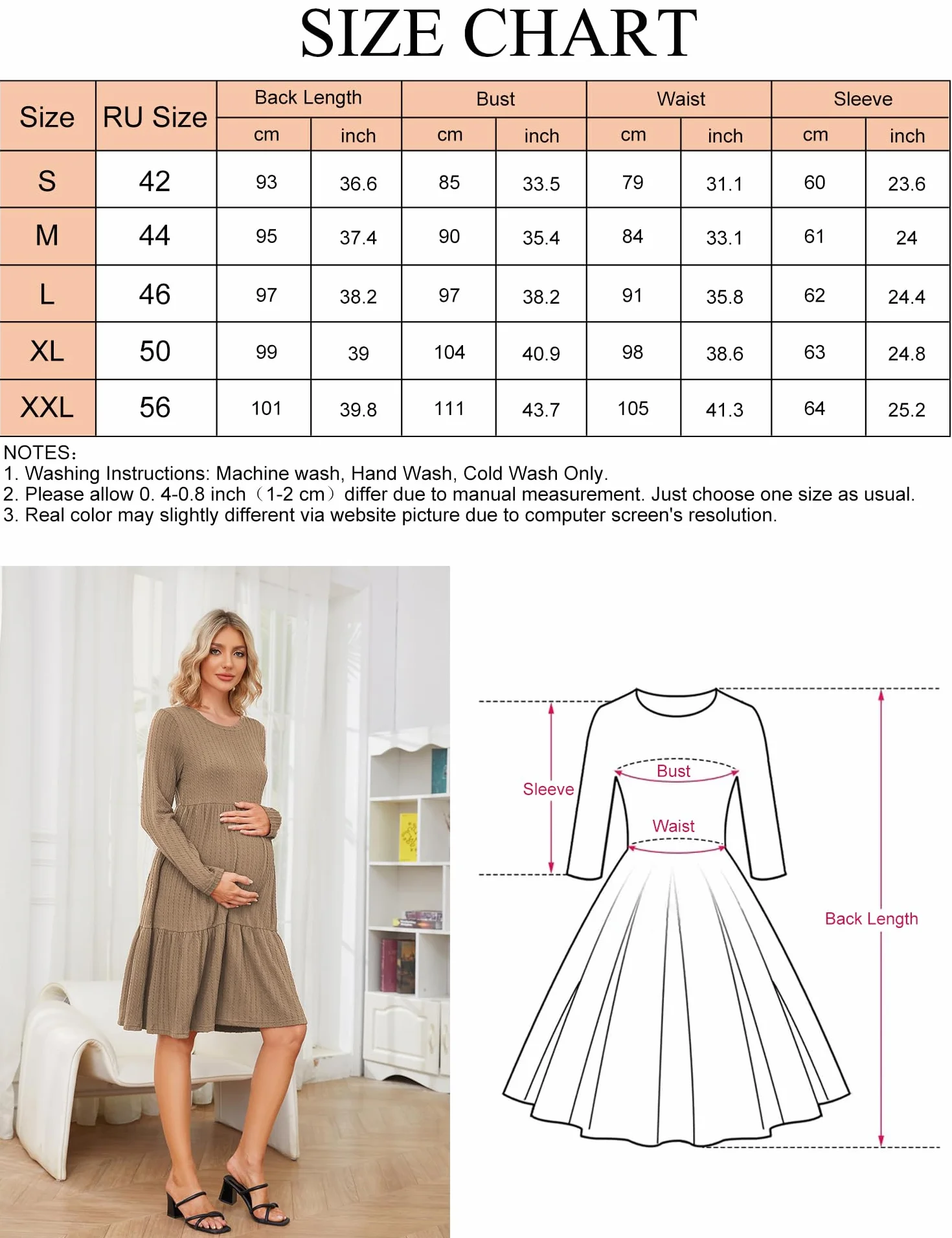 MAVIS LAVEN Damska sukienka ciążowa, prążkowana, okrągły dekolt, rozciągliwa sukienka ciążowa na sesję zdjęciową, baby shower