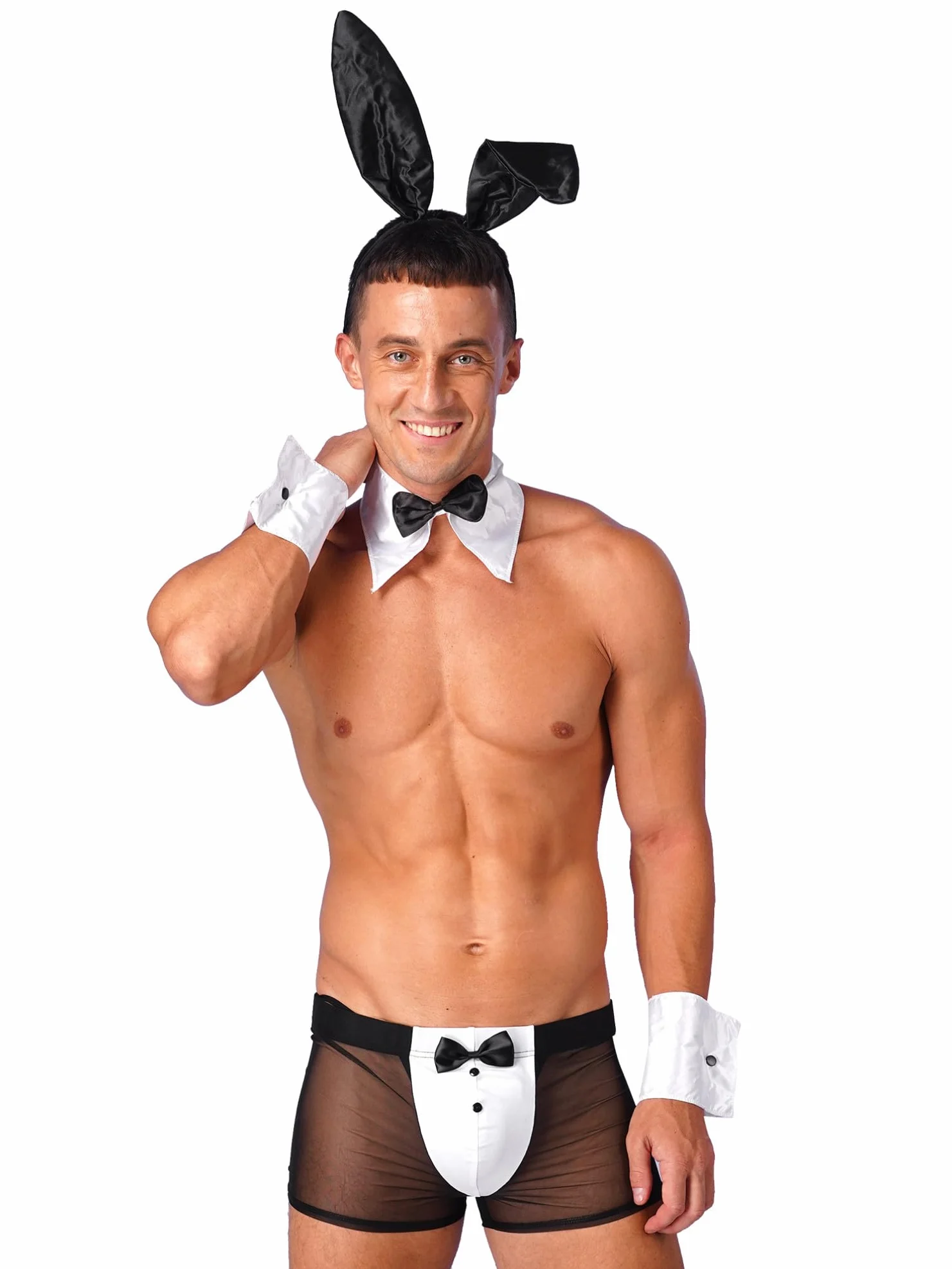 YiZYiF Męski strój kelnerski, seksowny strój z paskami, dla mężczyzn, króliczek, cosplay, bielizna erotyczna, przezroczysta, siatka, zestaw bokserek, na imprezę dla gejów, do klubu