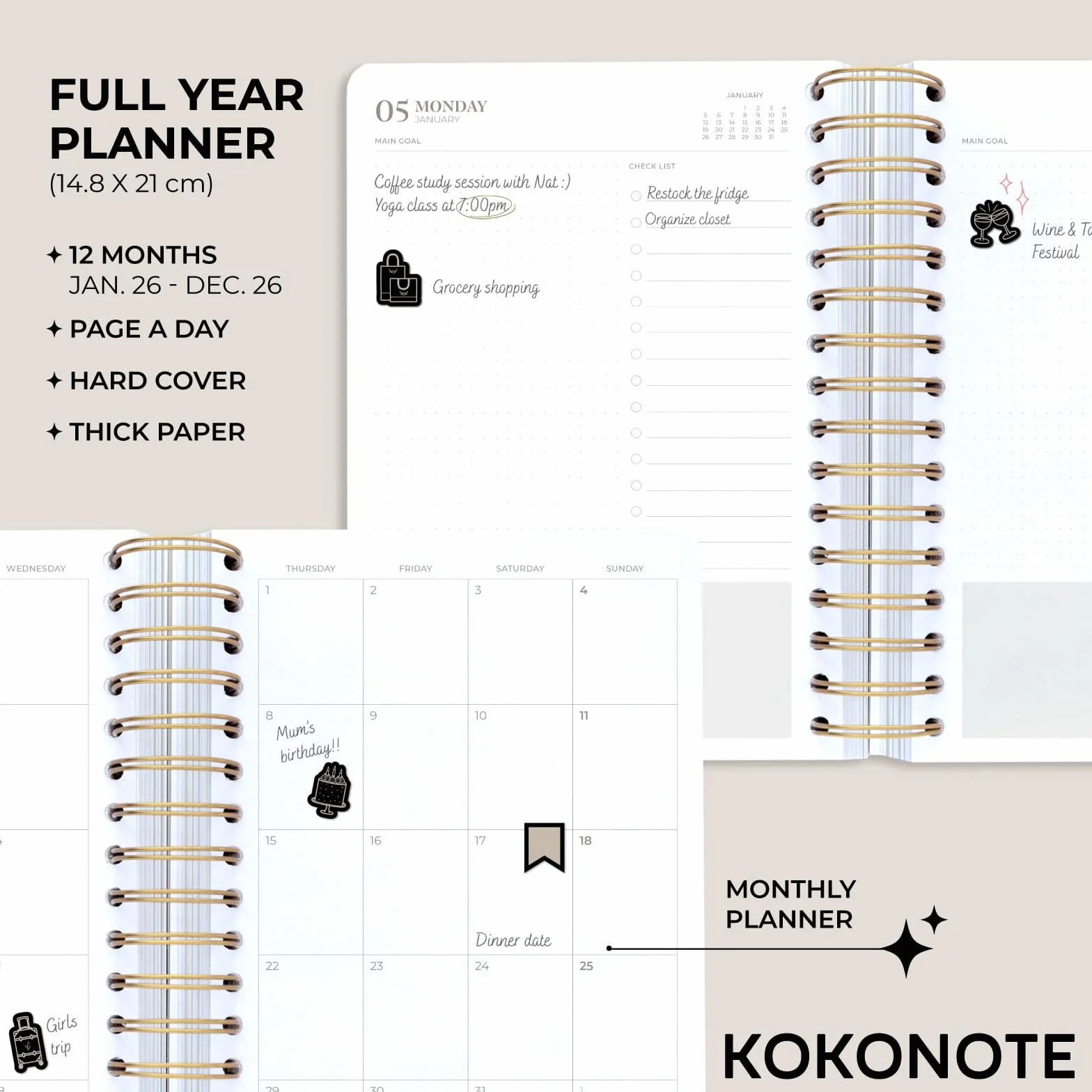 Kokonote 2026 Diary A5 Page A Day - Self Care Club | Daily Planner 2026 With Diary Stickers, Pocket, Bookmarks, January 2026 - December 2026 | Aesthetic Stationery Gifts For Women & For Men