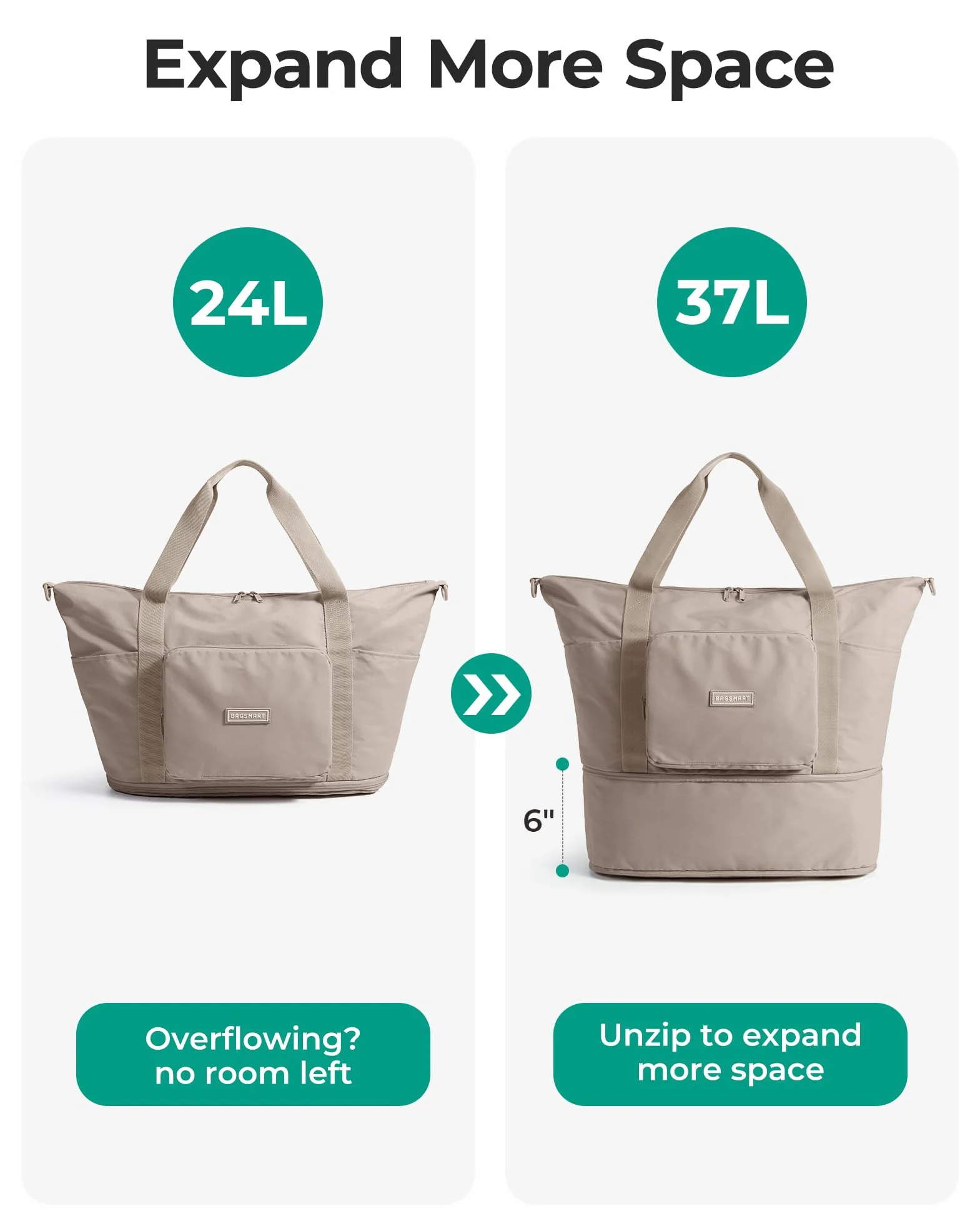BAGSMART Składana torba podróżna, damska, 27 l (maksymalnie 40 litrów), torba sportowa, bagaż podręczny, wodoszczelna torba podróżna, torba treningowa, torba do uprawiania sportu i podróży, szary