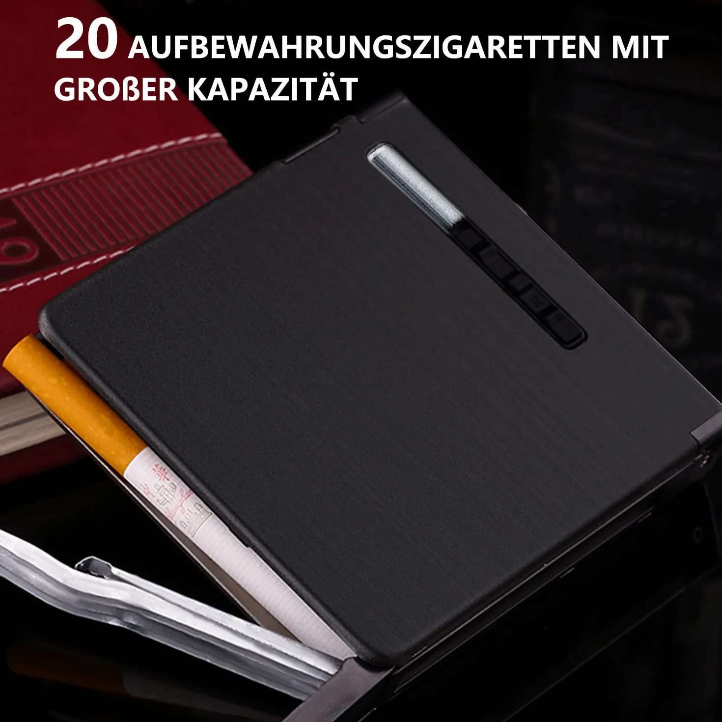 CAM2 Papierośnica z zapalniczką, wyrzut samochodowy, pomieści 20 papierosów, eleganckie wzornictwo, z elektroniczną zapalniczką, możliwość ładowania (czarny drut)