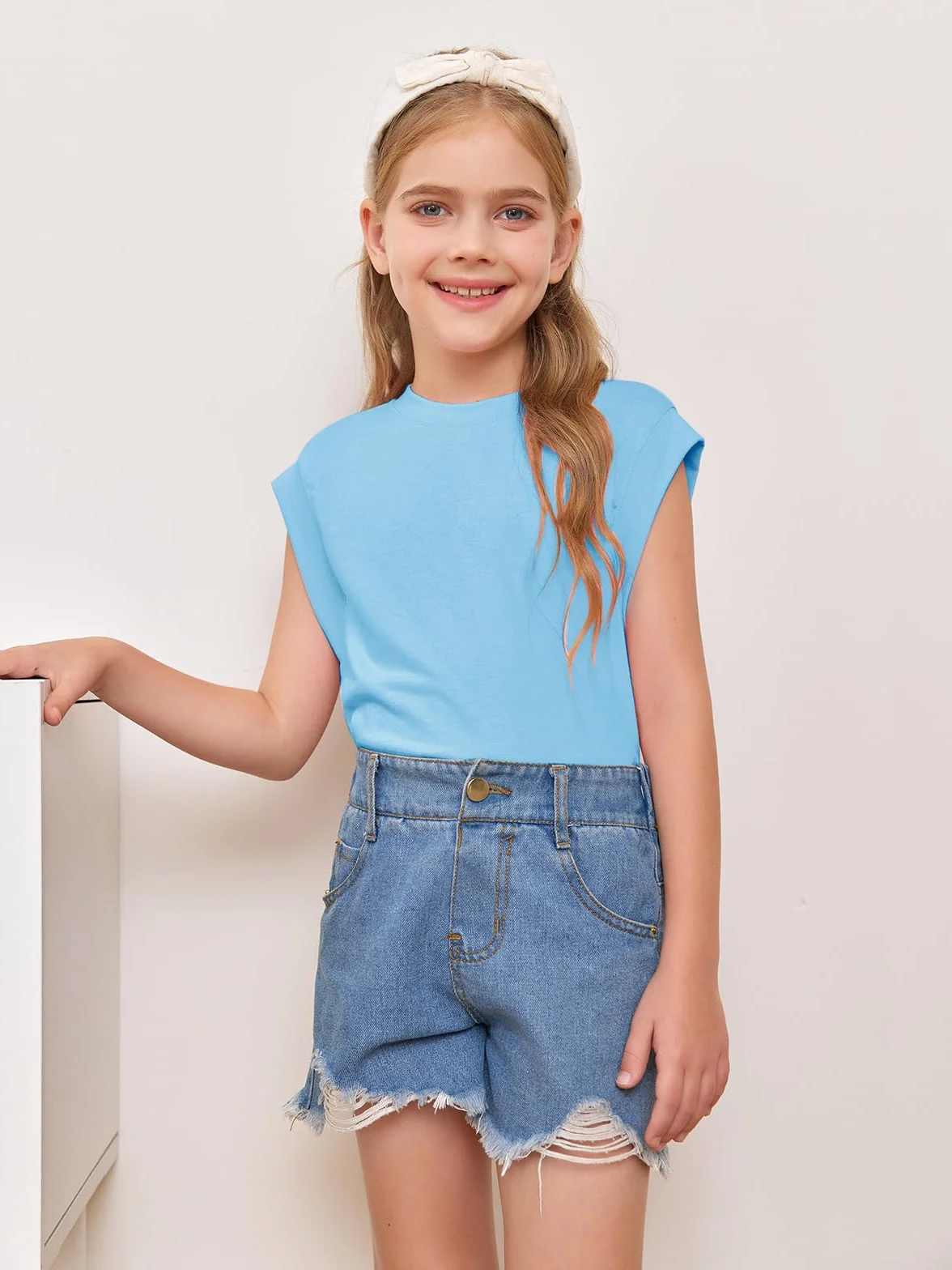 Haloumoning Dziewczęcy tank top bez rękawów, na lato, okrągły dekolt, rękawy z daszkiem, śliczna bluzka dziecięca, dla dziewczynek w wieku 5-14 lat