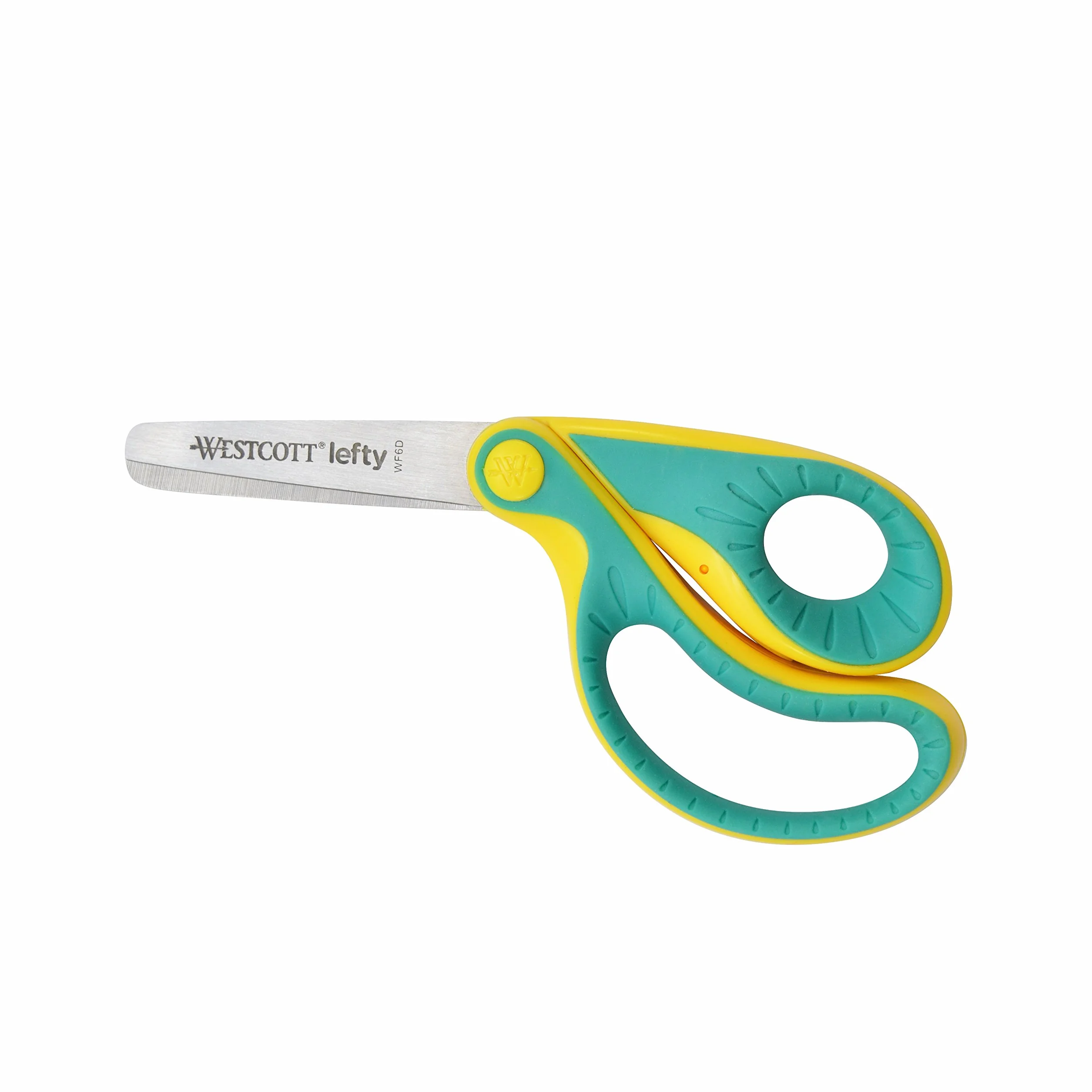Westcott E-22003 00 Ergo JR. Lefty – ergonomiczne nożyczki dla dzieci dla osób leworęcznych, ostrze stalowe 5, 3 cm, uchwyt Softgrip, zielony/żółty, 13,3 cm