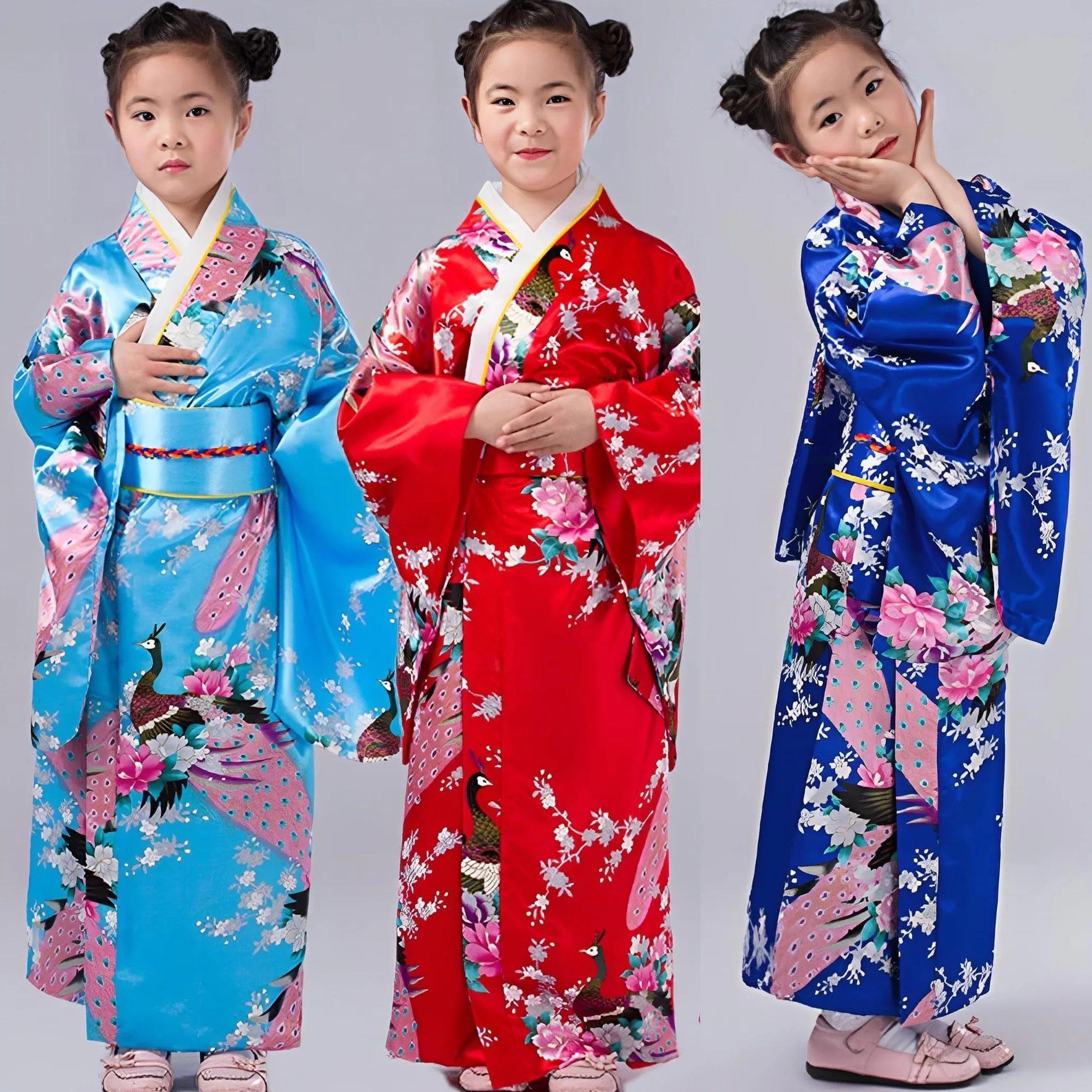 Yukata kimono dla dziewczynek, styl japoński, tradycyjny strój, jedwabny materiał, strój ślubny, na imprezę, do występów, czerwony, 140