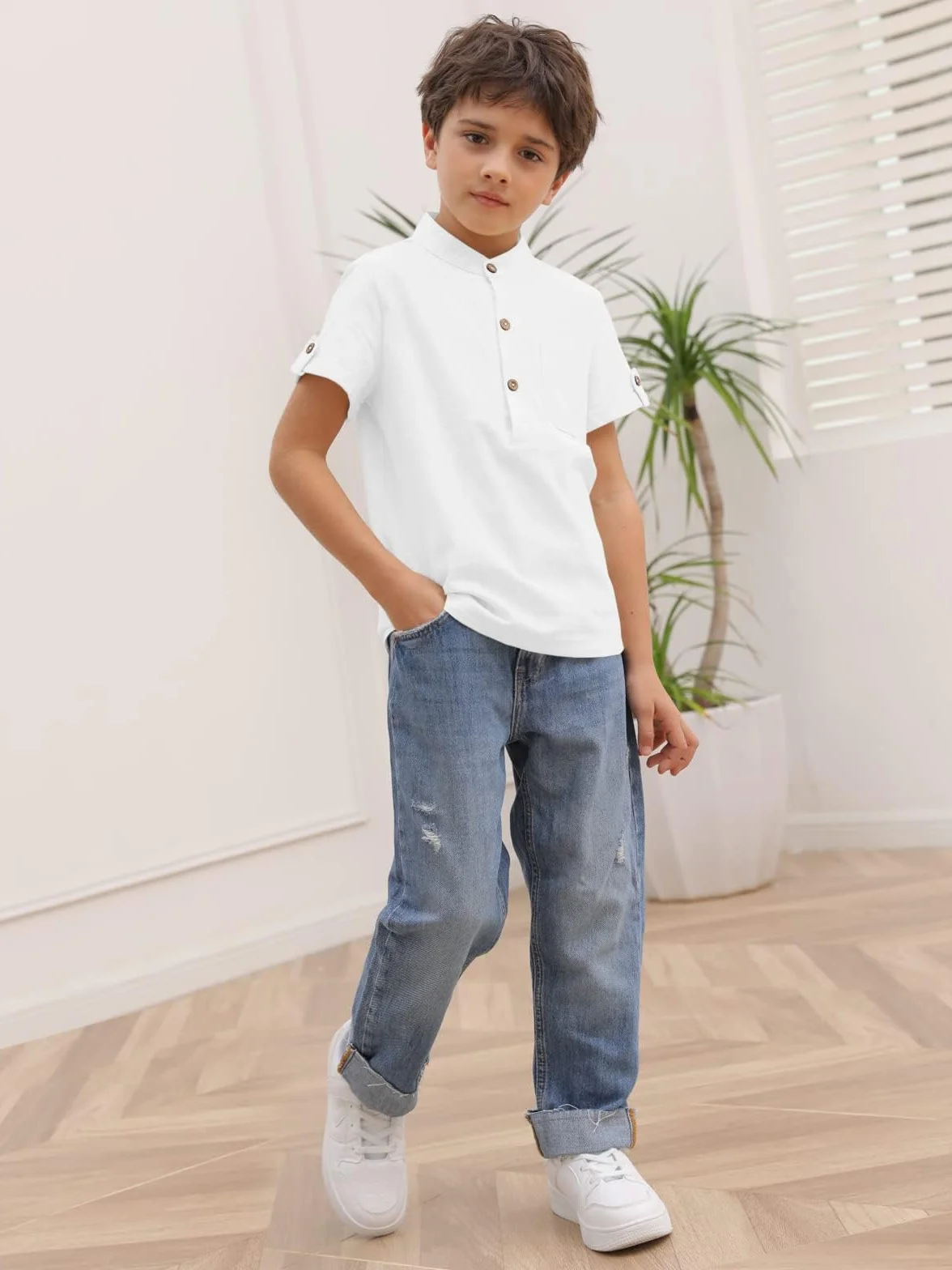 Haloumoning Chłopięca koszula z krótkim rękawem Henley Shirt Button Up bawełna topy casualowa koszula z kieszenią na piersi
