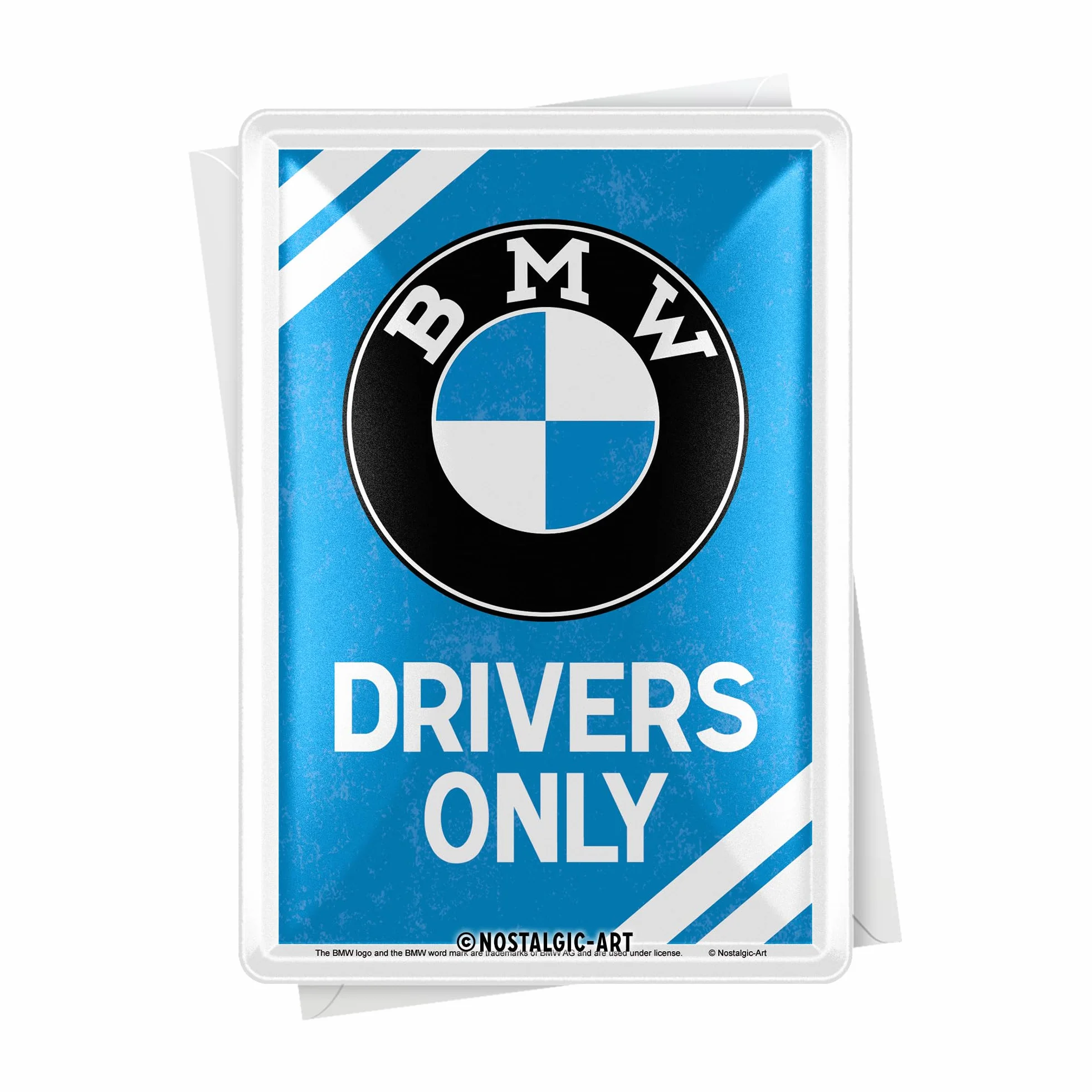 Nostalgic-Art Blaszana kartka pocztowa w stylu retro, 10 x 14 cm, oryginalny produkt licencjonowany (OLP), BMW – tylko Drivers – pomysł na prezent dla fanów akcesoriów BMW, kartka pocztowa z metalu,