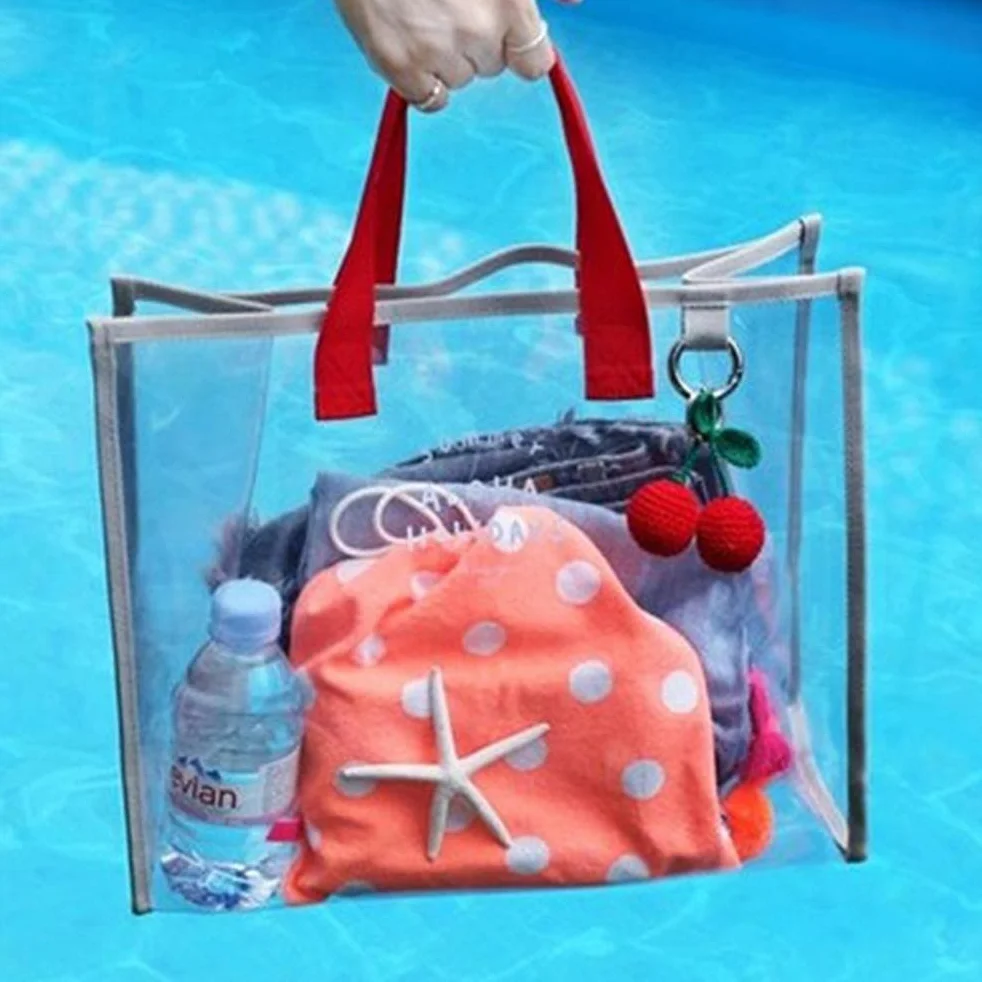 duża wodoodporna przezroczysta torba plażowa unisex, czerwono-szara, 35,5 x 28 x 15 cm, dla kobiet, nastolatków