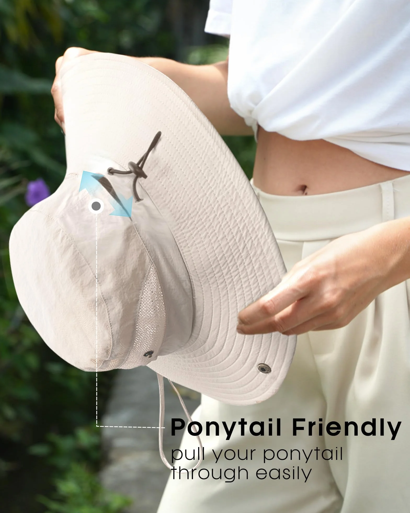 FURTALK Damski kapelusz przeciwsłoneczny z otworem w kucyk plaża turystyka lato szerokie rondo UPF 80+ ochrona na zewnątrz składany kapelusz typu bucket hat