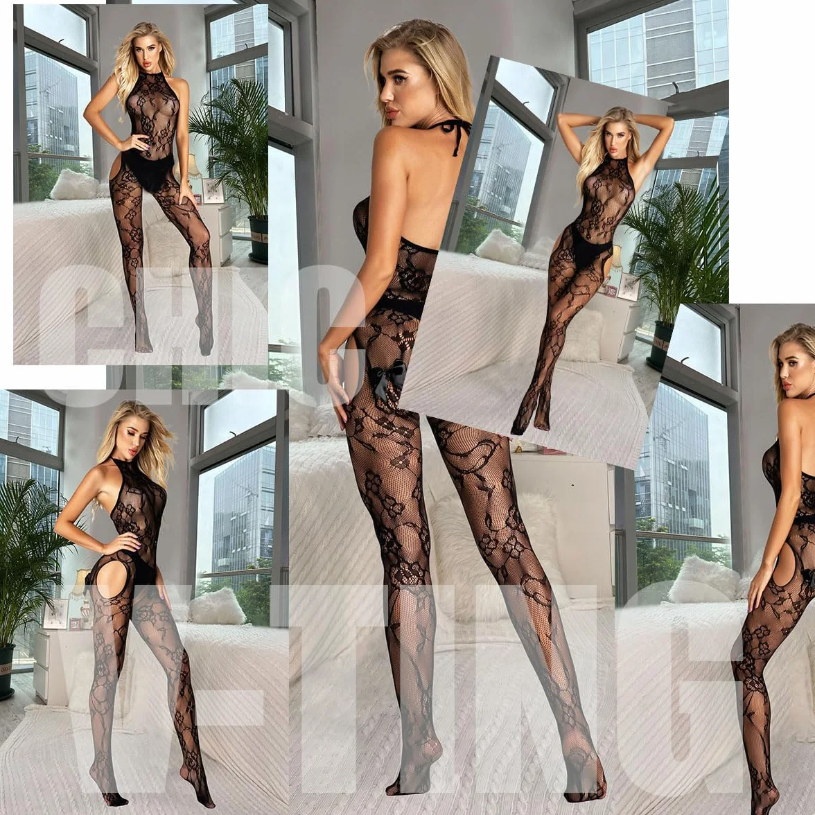 V-Ting Seksowna bielizna damska z kokardą do seksu, bielizna damska, seksowna bielizna erotyczna, catsuit, bodystocking, z otwartym krokiem, seksowny strój dla kobiet, rajstopy, ażurowy kombinezon