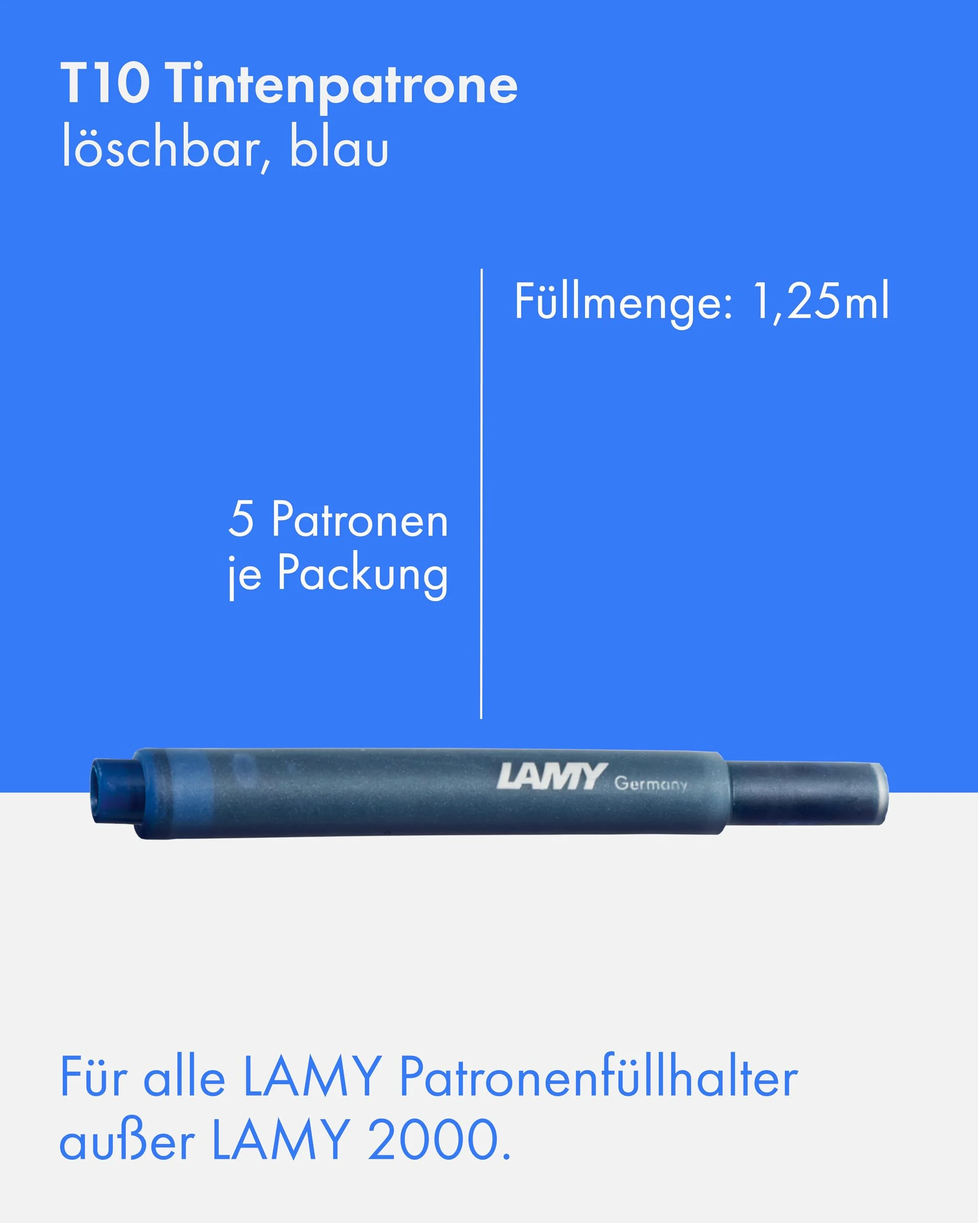 LAMY T10 zestaw 3 wkładów atramentowych z dużym zapasem atramentu, odpowiednie do wszystkich modeli piór wiecznych Lamy Cartridge o pojemności 1,25 ml, 5 sztuk w opakowaniu, kolor niebieski